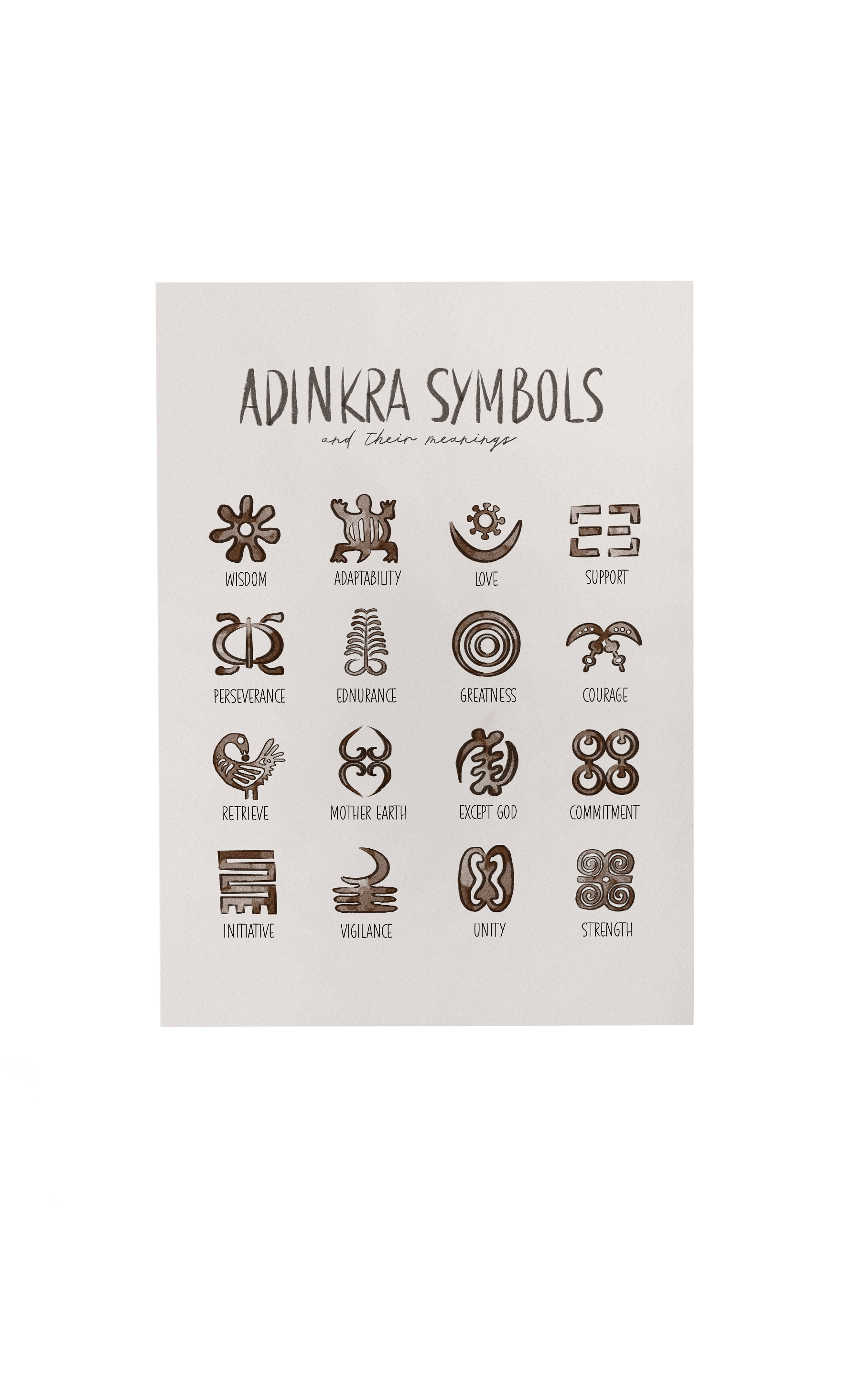 Adinkra Symbols Art Print on high-quality matte or velvet paper, framed in gallery black, white, or natural maple, depicting Akan Adinkra Symbols and their meanings