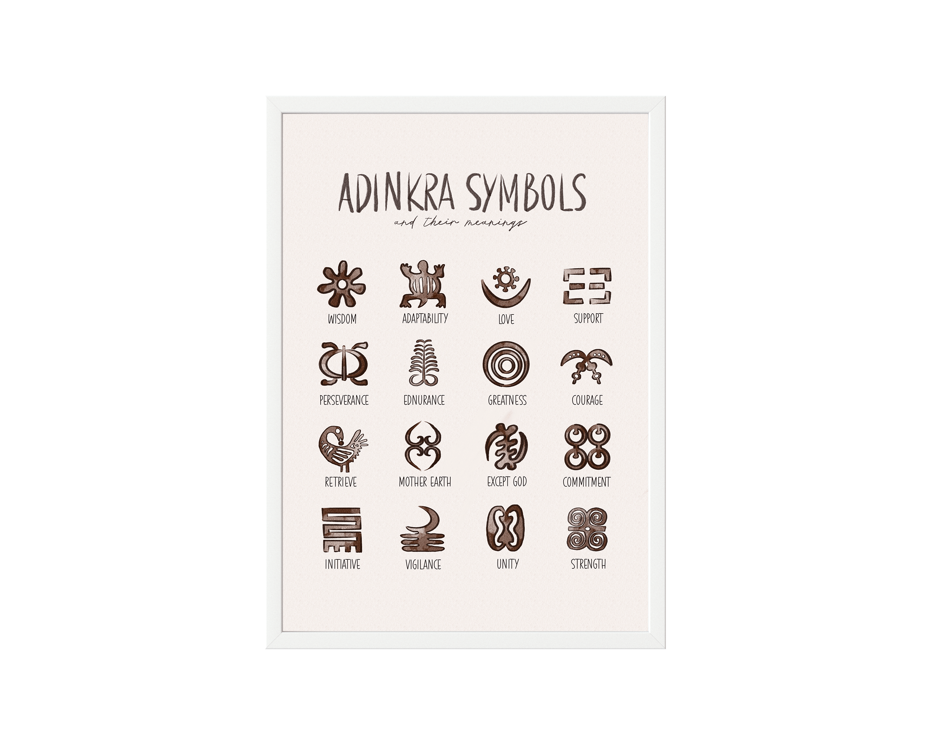 Adinkra Symbols Art Print on high-quality matte or velvet paper, framed in gallery black, white, or natural maple, depicting Akan Adinkra Symbols and their meanings