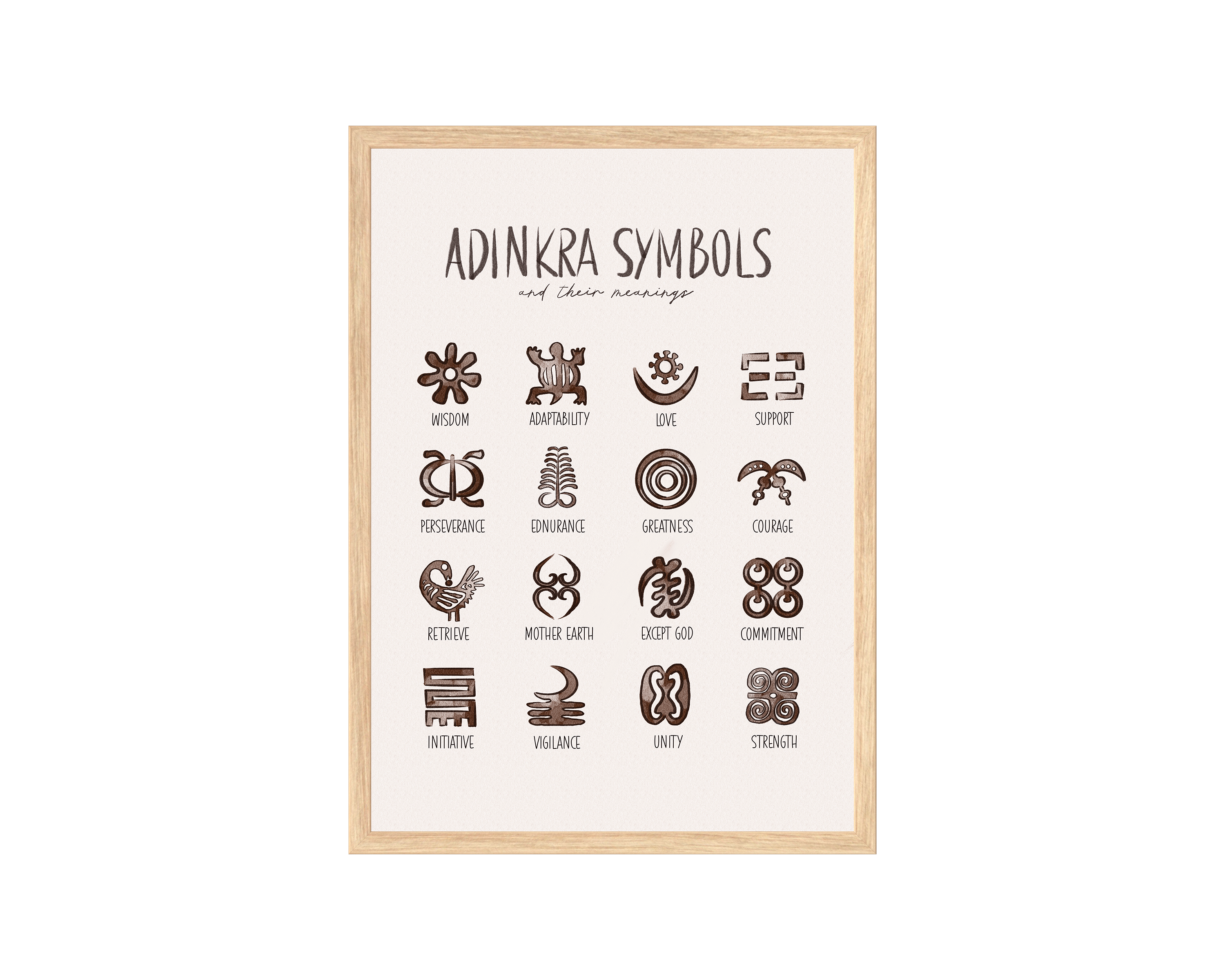 Adinkra Symbols Art Print on high-quality matte or velvet paper, framed in gallery black, white, or natural maple, depicting Akan Adinkra Symbols and their meanings
