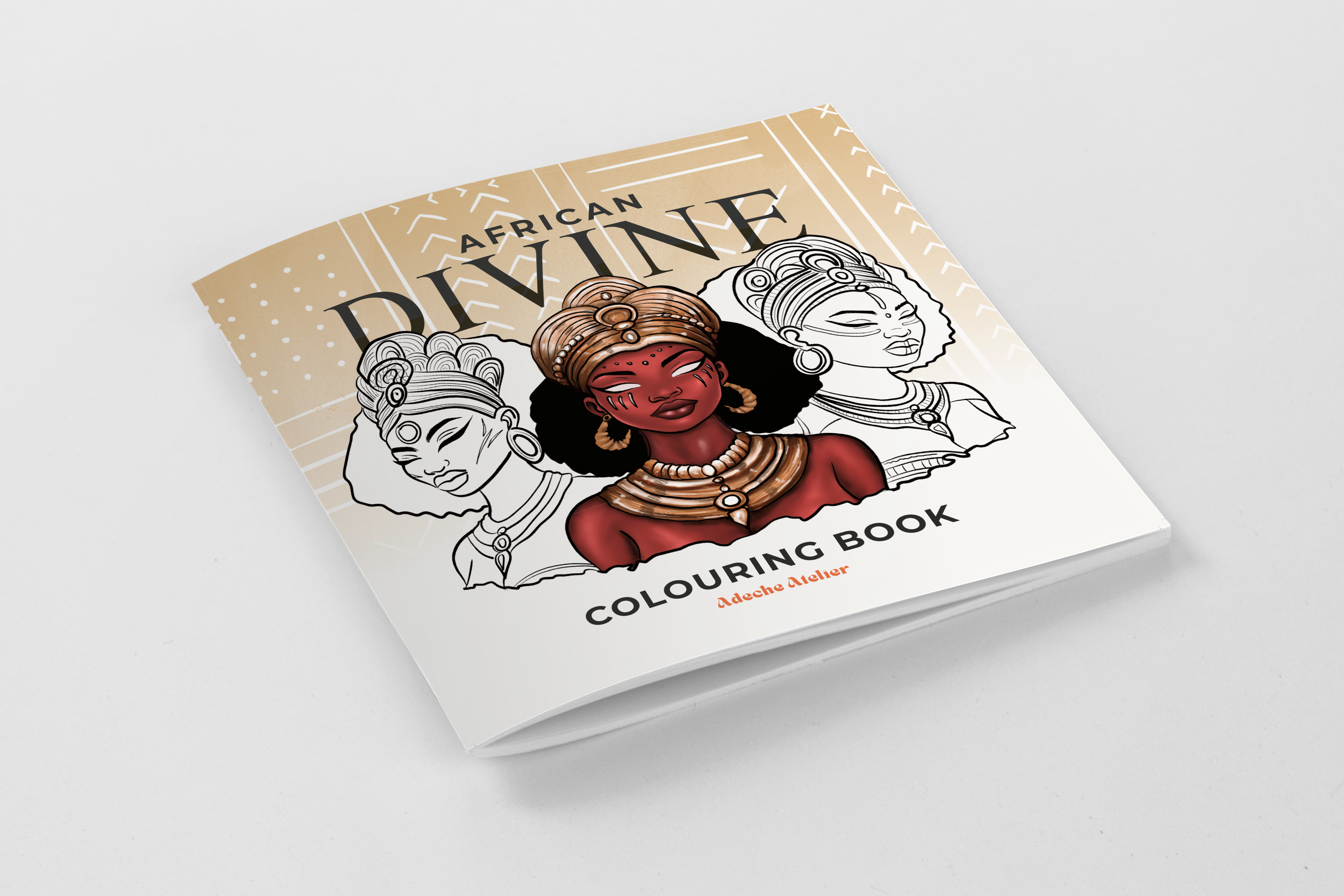 Cover of African Divine Colouring Book, featuring illustrations of female African deities, perfect for those interested in African culture and mythology.