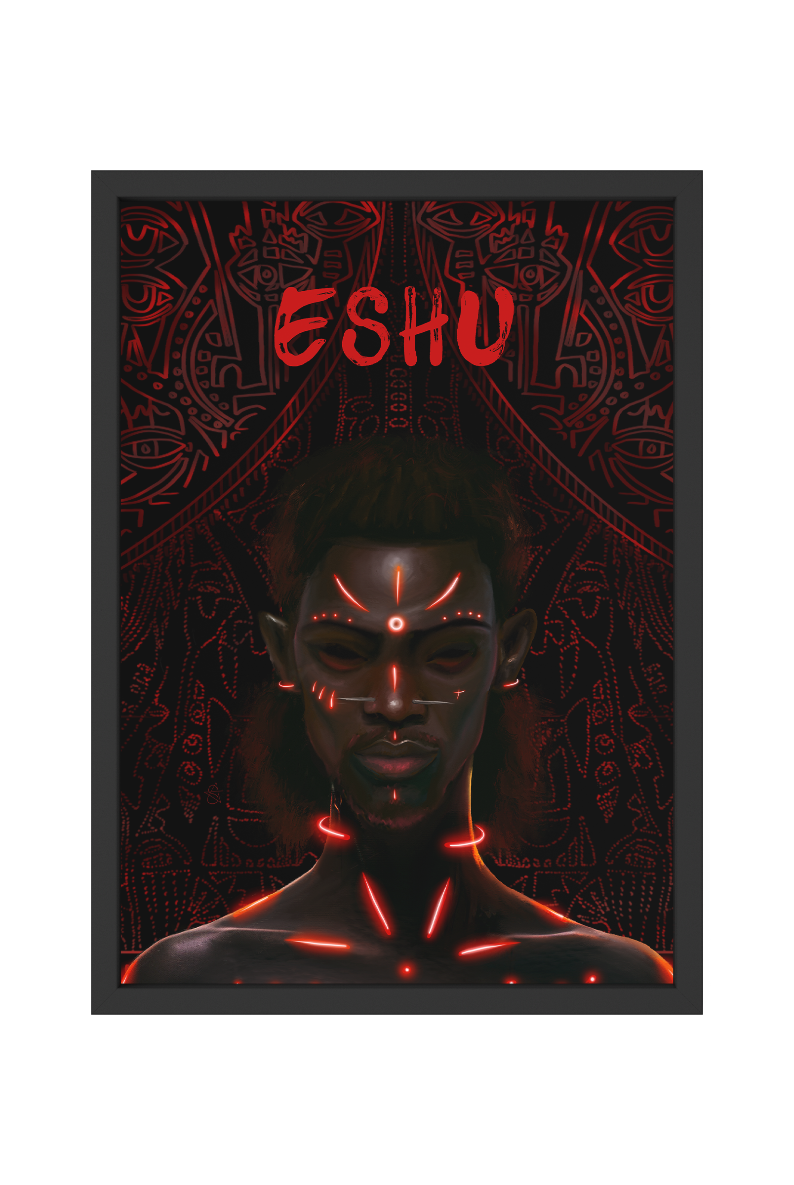Eshu Holographic Art Print on high-quality matte or velvet paper, framed in gallery black, white, or natural maple, depicting Yoruba Orisa of crossroads.