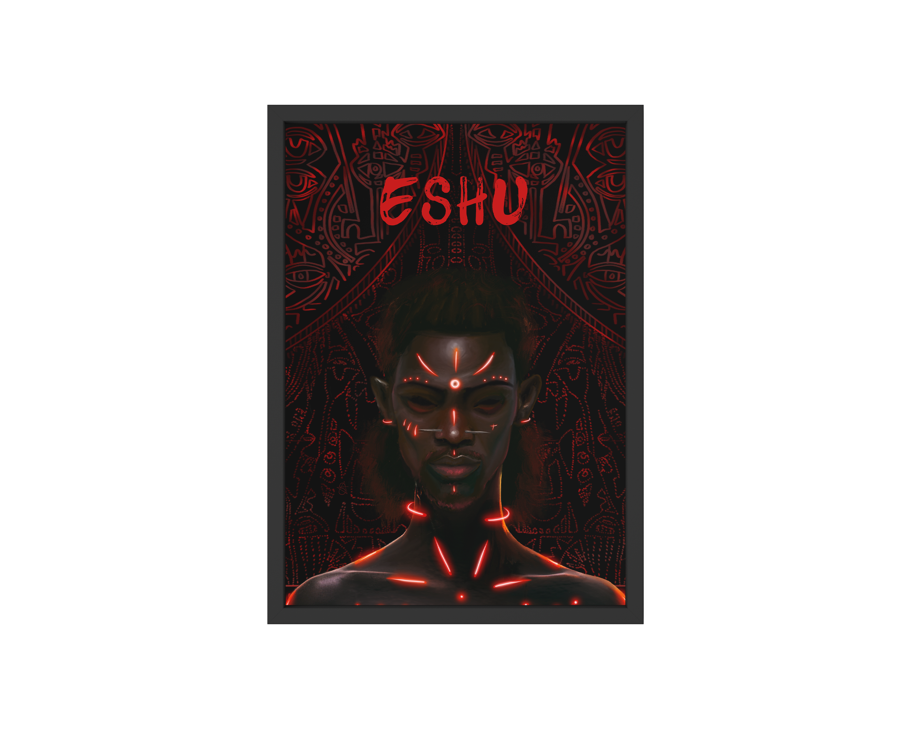 Eshu Holographic Art Print on high-quality matte or velvet paper, framed in gallery black, white, or natural maple, depicting Yoruba Orisa of crossroads.