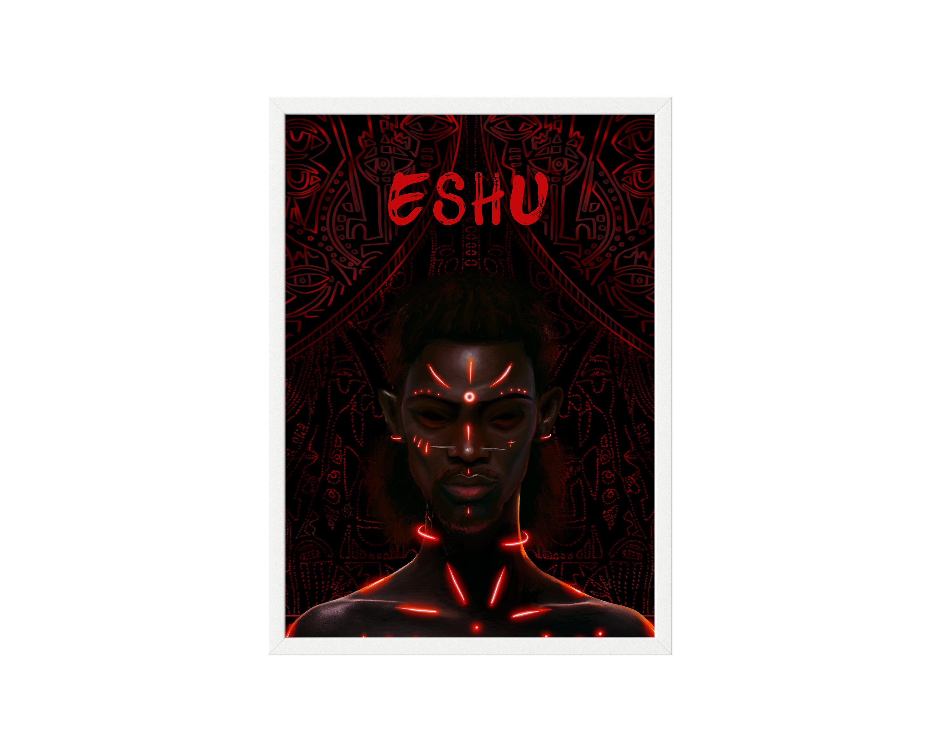 Eshu Holographic Art Print on high-quality matte or velvet paper, framed in gallery black, white, or natural maple, depicting Yoruba Orisa of crossroads.