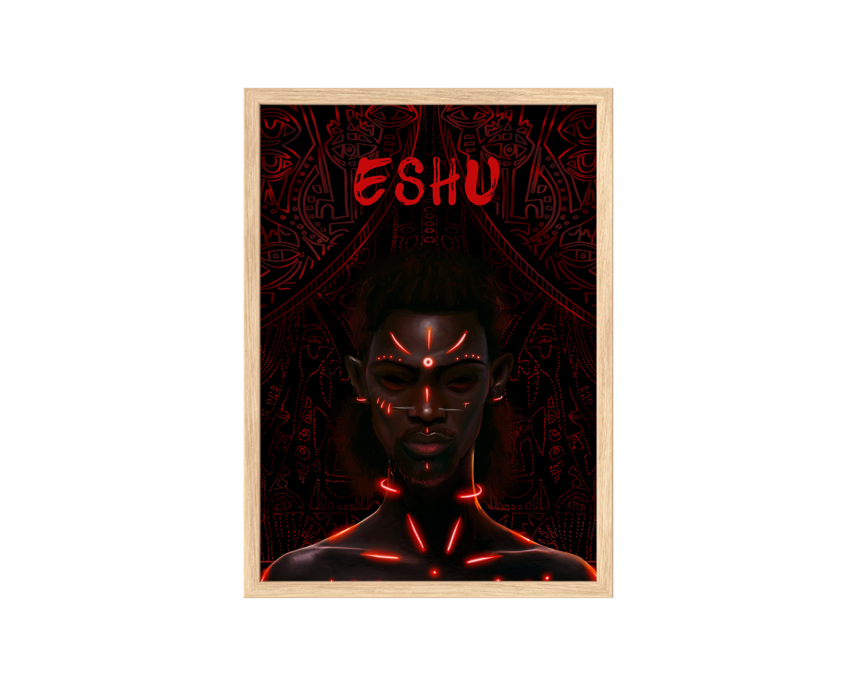 Eshu Holographic Art Print on high-quality matte or velvet paper, framed in gallery black, white, or natural maple, depicting Yoruba Orisa of crossroads.