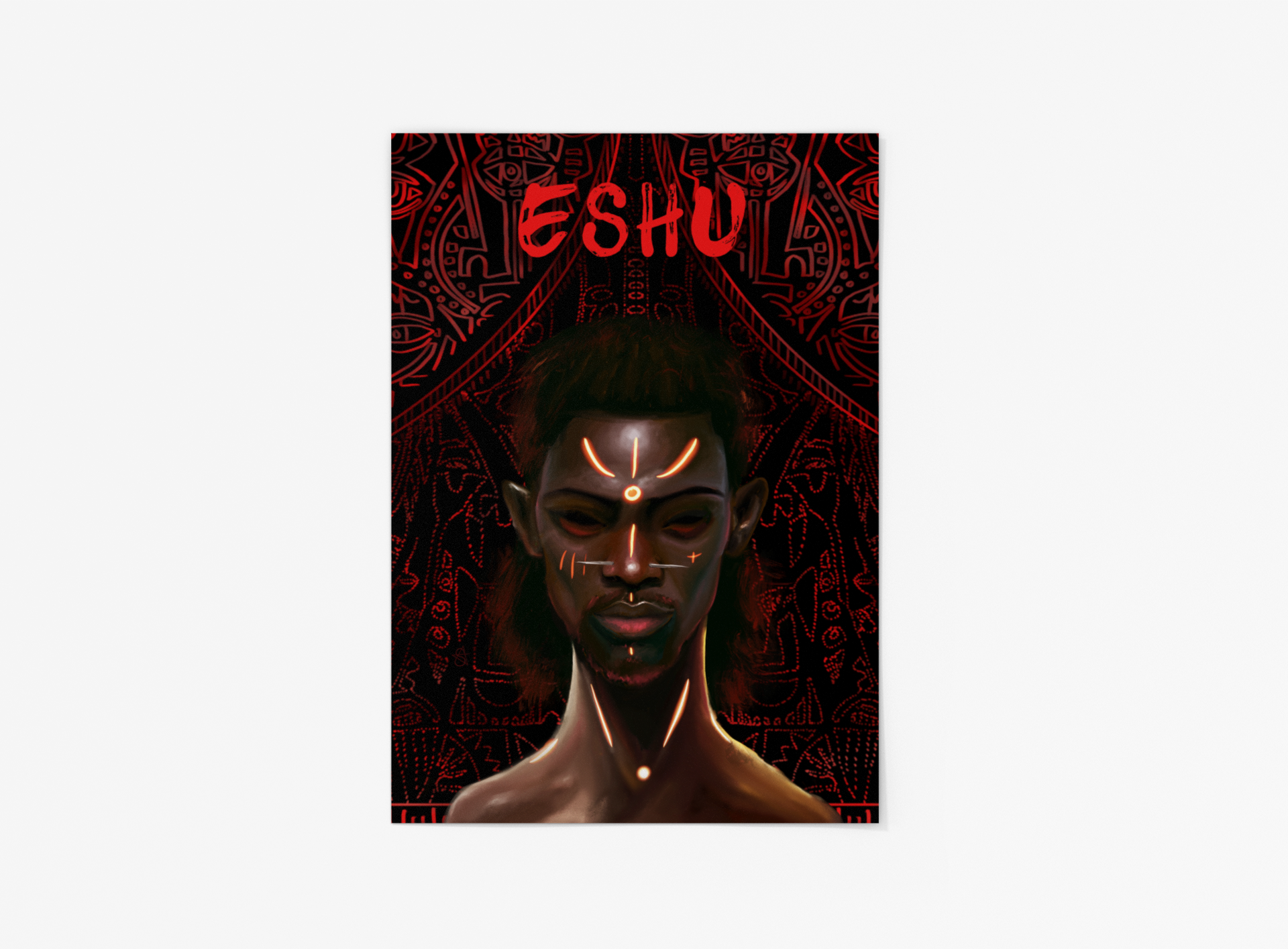 Eshu Holographic Art Print on high-quality matte or velvet paper, framed in gallery black, white, or natural maple, depicting Yoruba Orisa of crossroads.
