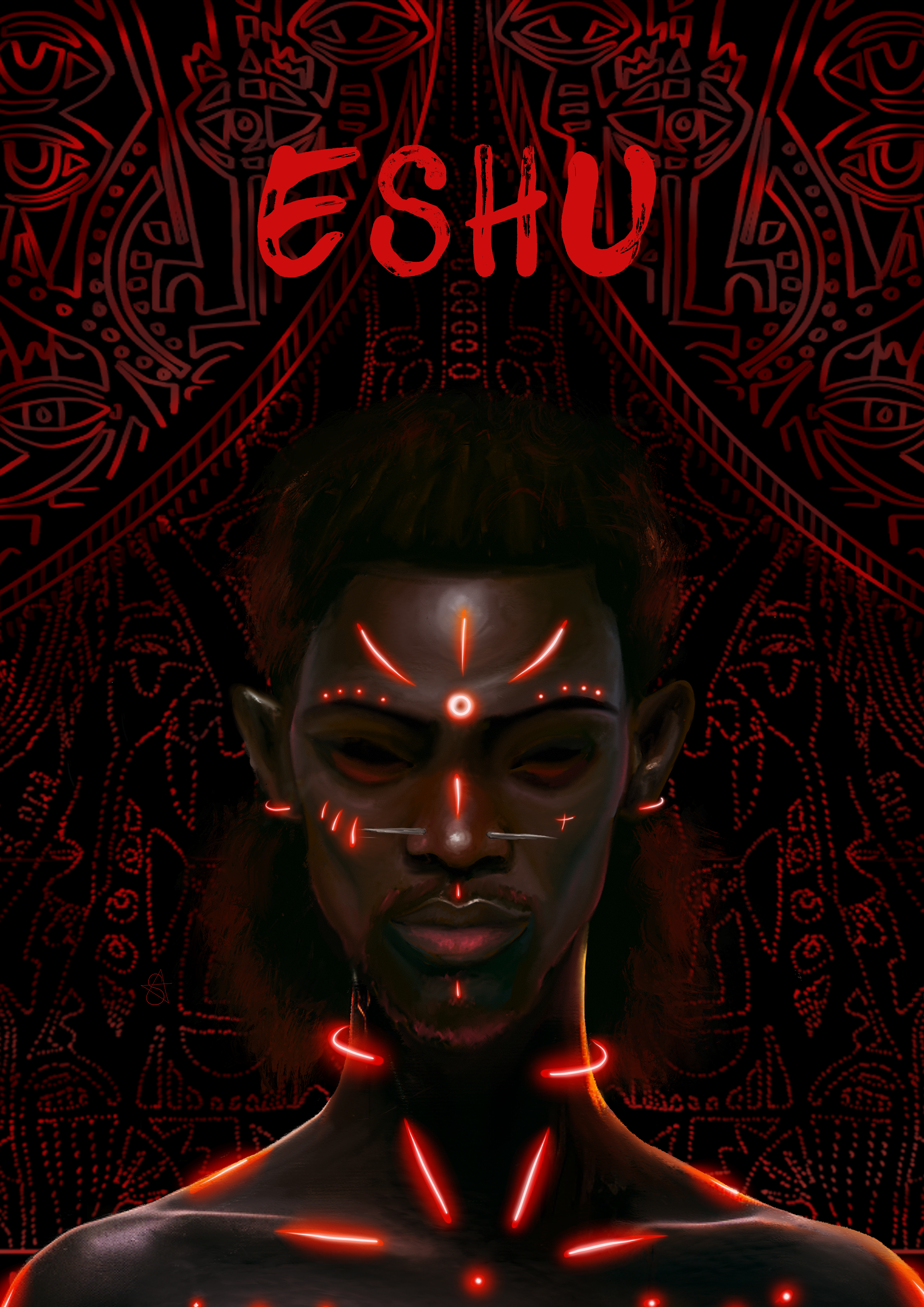 Eshu Holographic Art Print on high-quality matte or velvet paper, framed in gallery black, white, or natural maple, depicting Yoruba Orisa of crossroads.