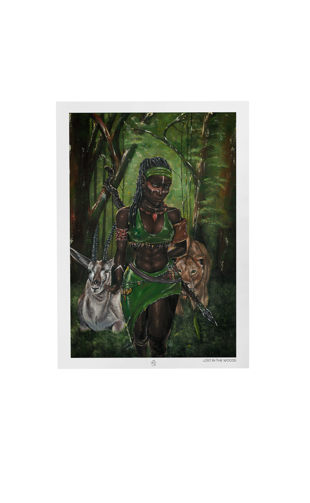 Ajá Art Print on high-quality matte or velvet paper, framed in gallery black, white, or natural maple, depicting Yoruba Orisa who is the soul of the forest and the animals within it.