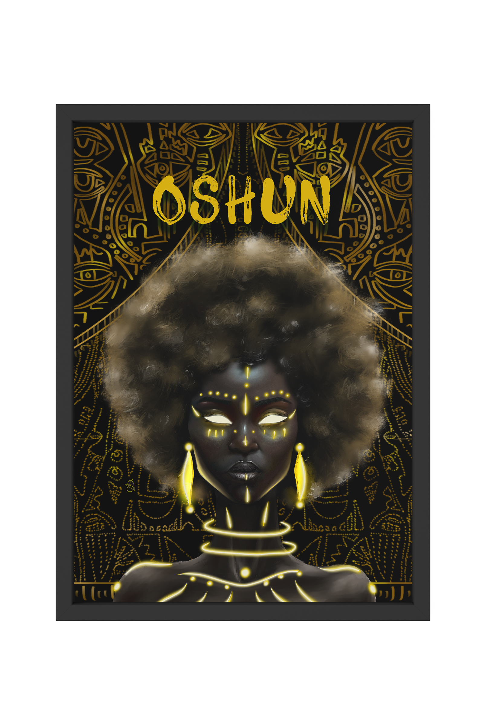 Oshun Holographic Art Print on high-quality matte or velvet paper, framed in gallery black, white, or natural maple, depicting Yoruba Orisa of sweet waters and femininity.