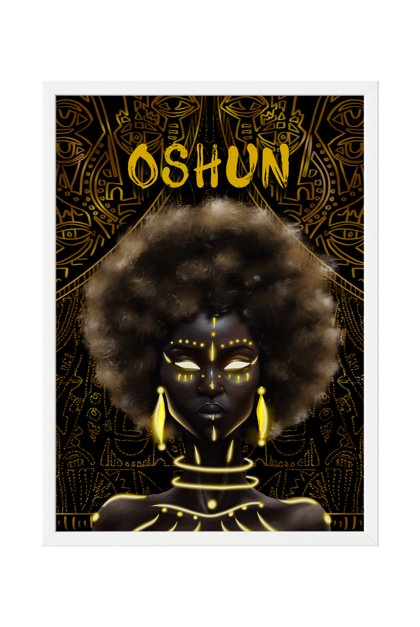 Oshun Holographic Art Print on high-quality matte or velvet paper, framed in gallery black, white, or natural maple, depicting Yoruba Orisa of sweet waters and femininity.