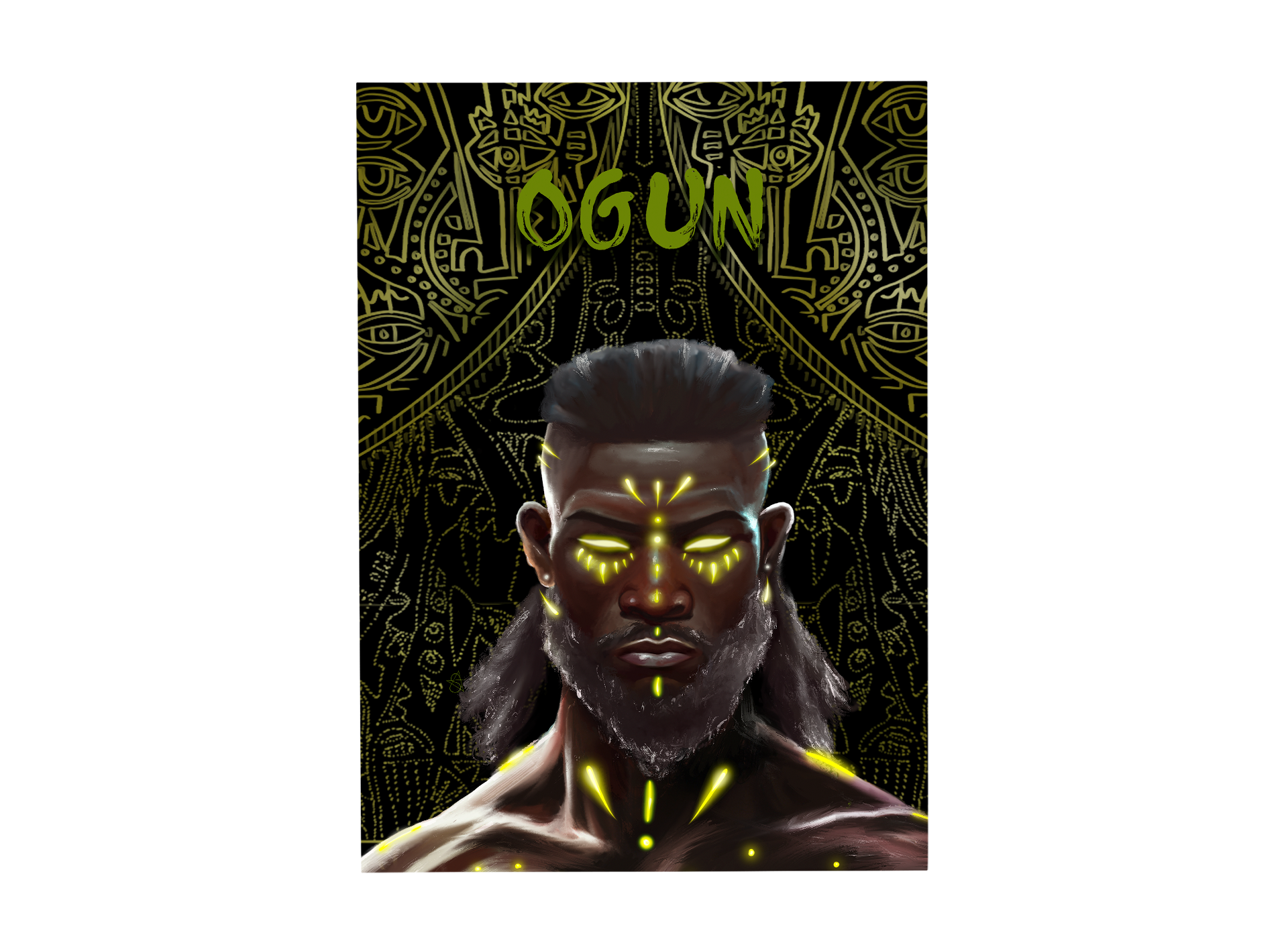Ogun Holographic Art Print on high-quality matte or velvet paper, framed in gallery black, white, or natural maple, depicting Yoruba Orisa of war and iron.