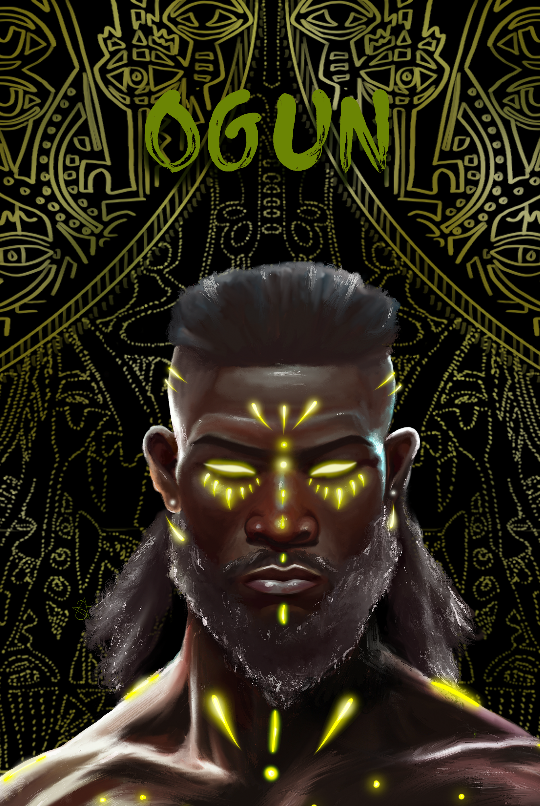 Ogun Holographic Art Print on high-quality matte or velvet paper, framed in gallery black, white, or natural maple, depicting Yoruba Orisa of war and iron.