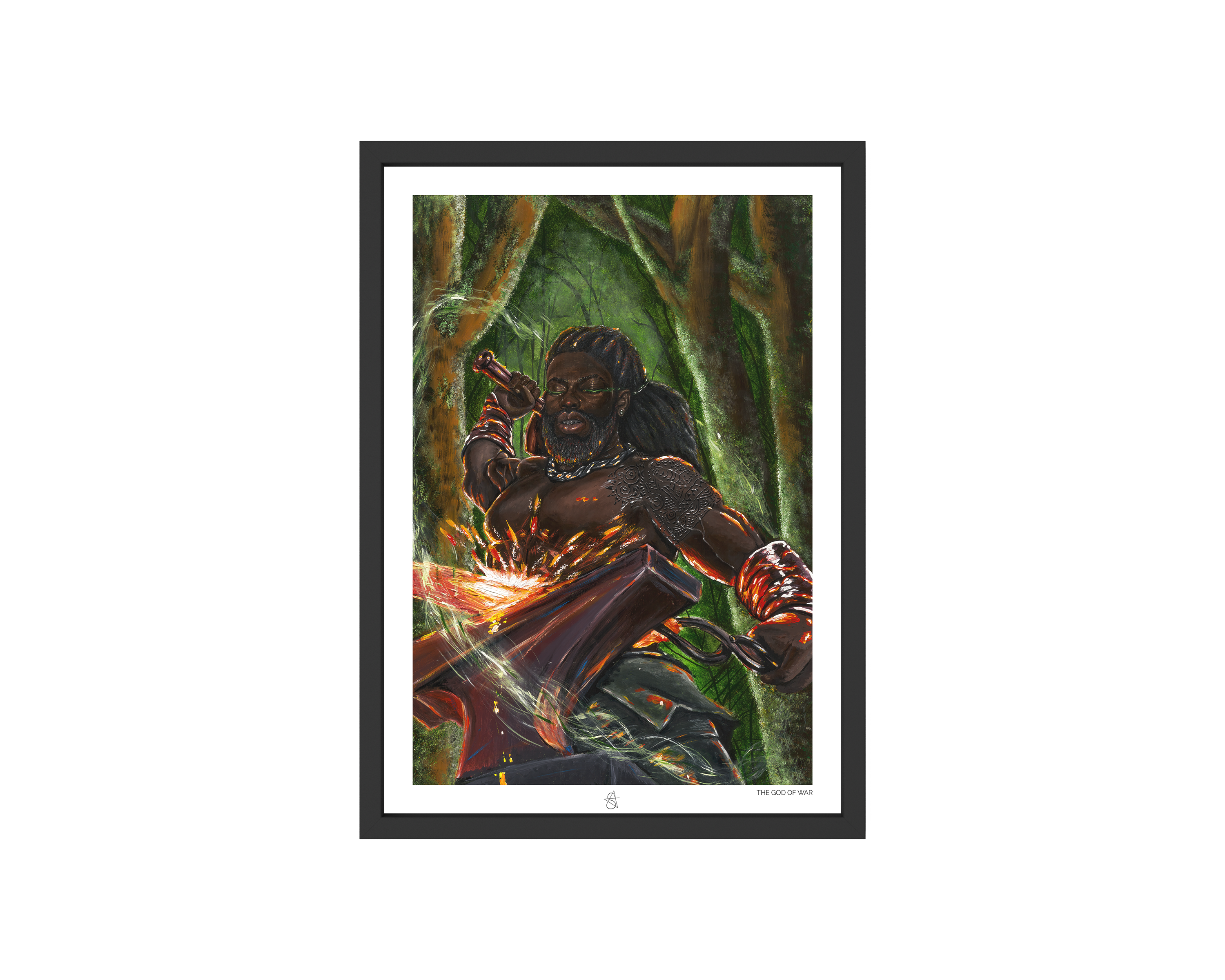 Ogun Art Print on high-quality matte or velvet paper, framed in gallery black, white, or natural maple, depicting Yoruba Orisa of war and iron.