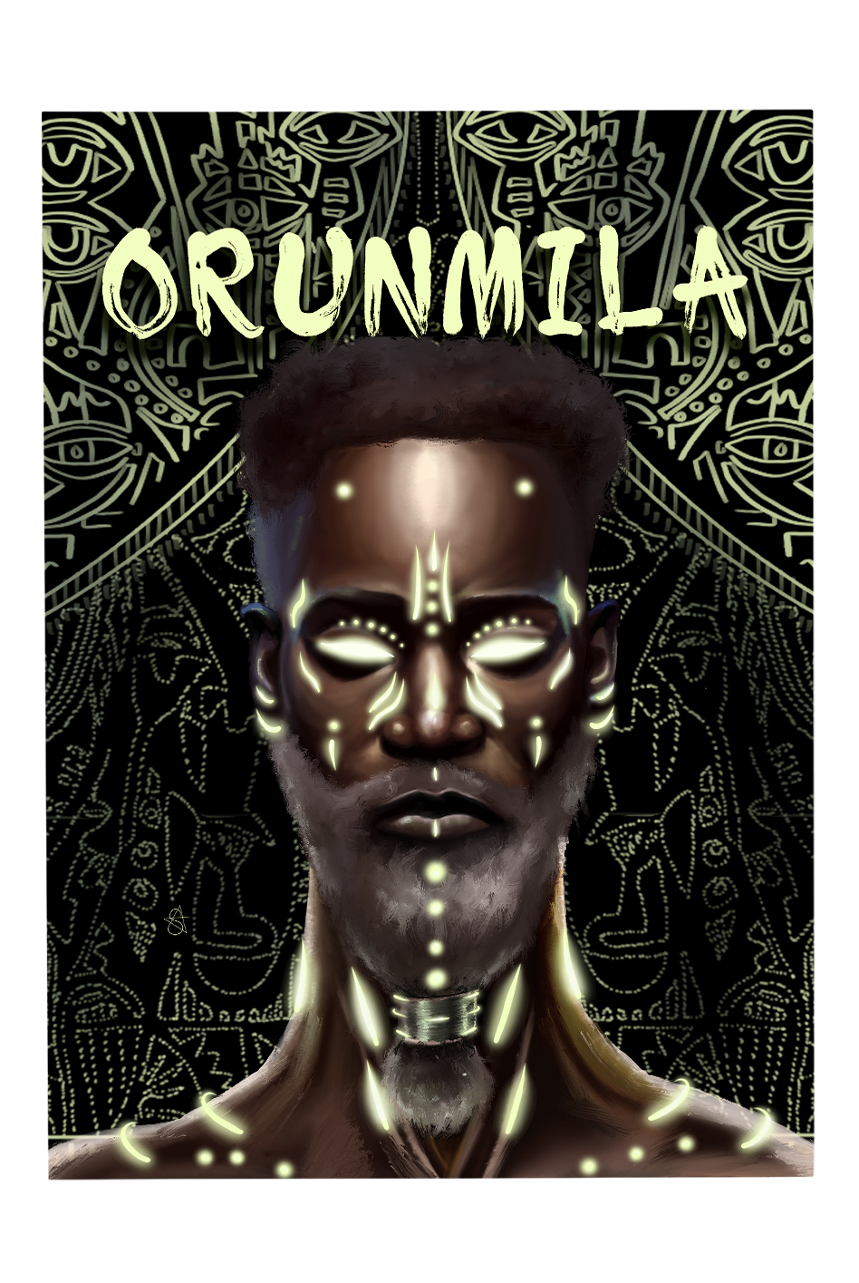 Orunmila Holographic Art Print on high-quality matte or velvet paper, framed in gallery black, white, or natural maple, depicting Yoruba Orisa who is a master diviner and healer.