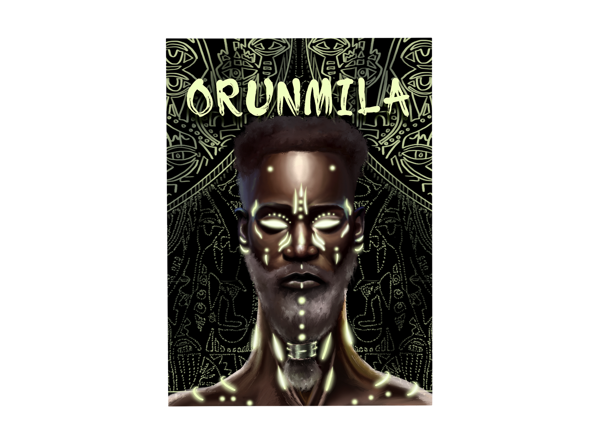 Orunmila Holographic Art Print on high-quality matte or velvet paper, framed in gallery black, white, or natural maple, depicting Yoruba Orisa who is a master diviner and healer.
