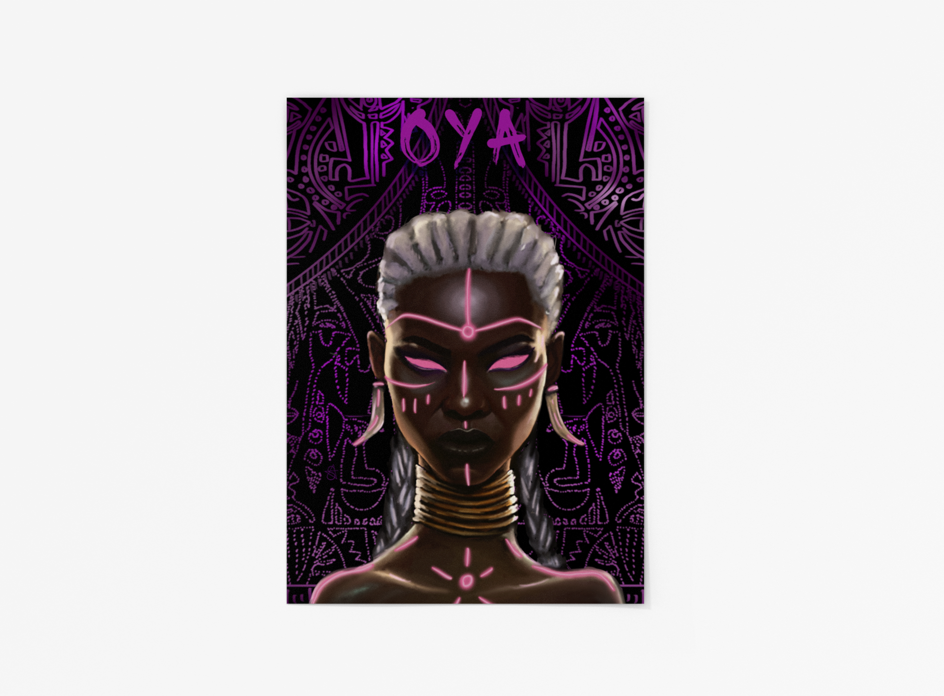 Oya Holographic Art Print on high-quality matte or velvet paper, framed in gallery black, white, or natural maple, depicting Yoruba Orisa of storms and wind.