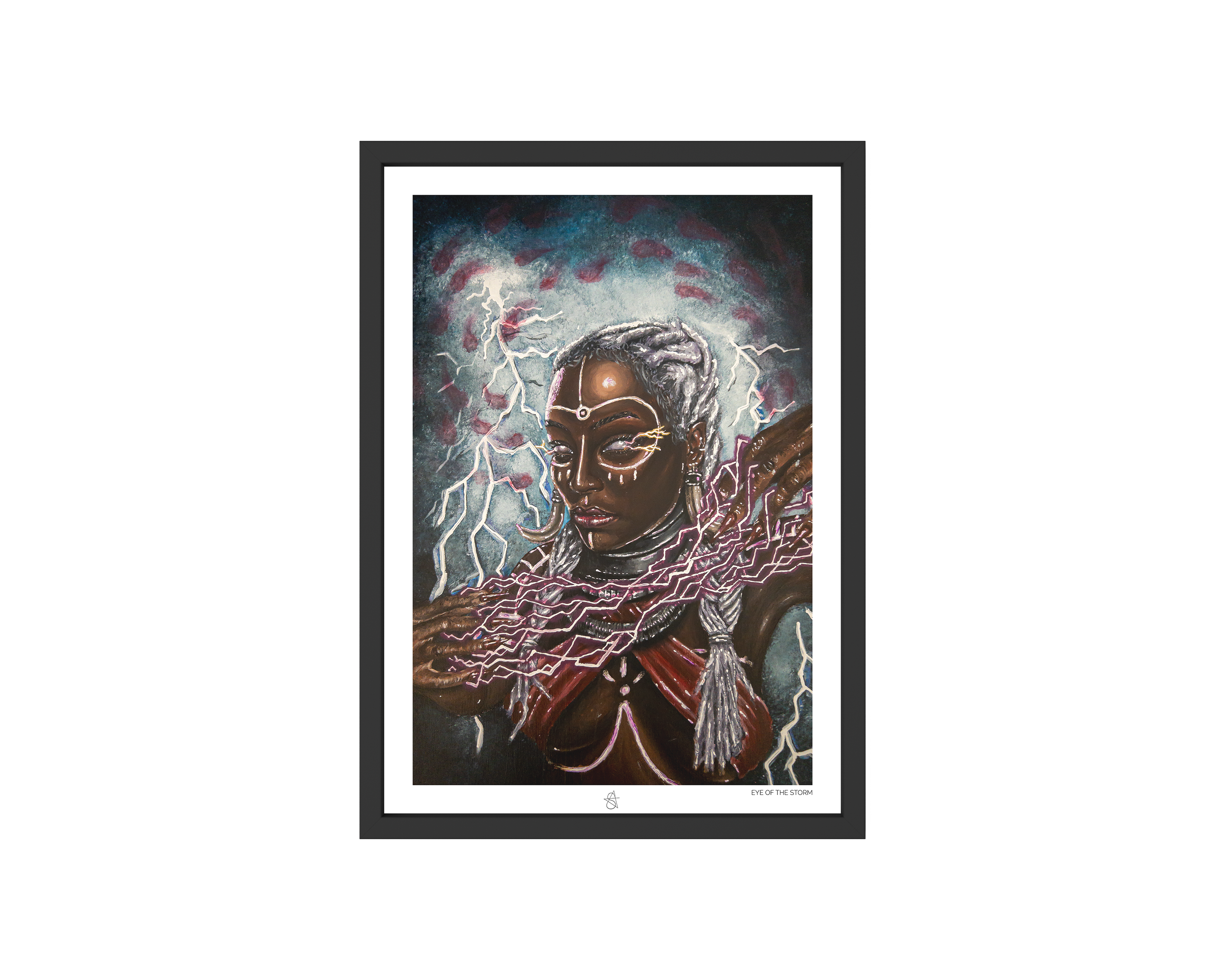 Ọya Art Print on high-quality matte or velvet paper, framed in gallery black, white, or natural maple, depicting Yoruba Orisa of storms and wind.