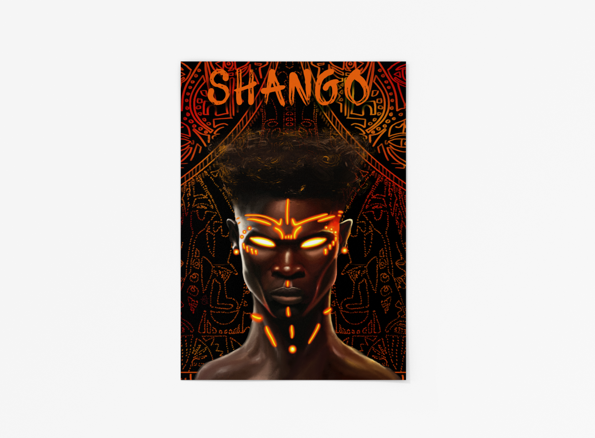 Sango Holographic Art Print on high-quality matte or velvet paper, framed in gallery black, white, or natural maple, depicting Yoruba Orisa of thunder and lightning.