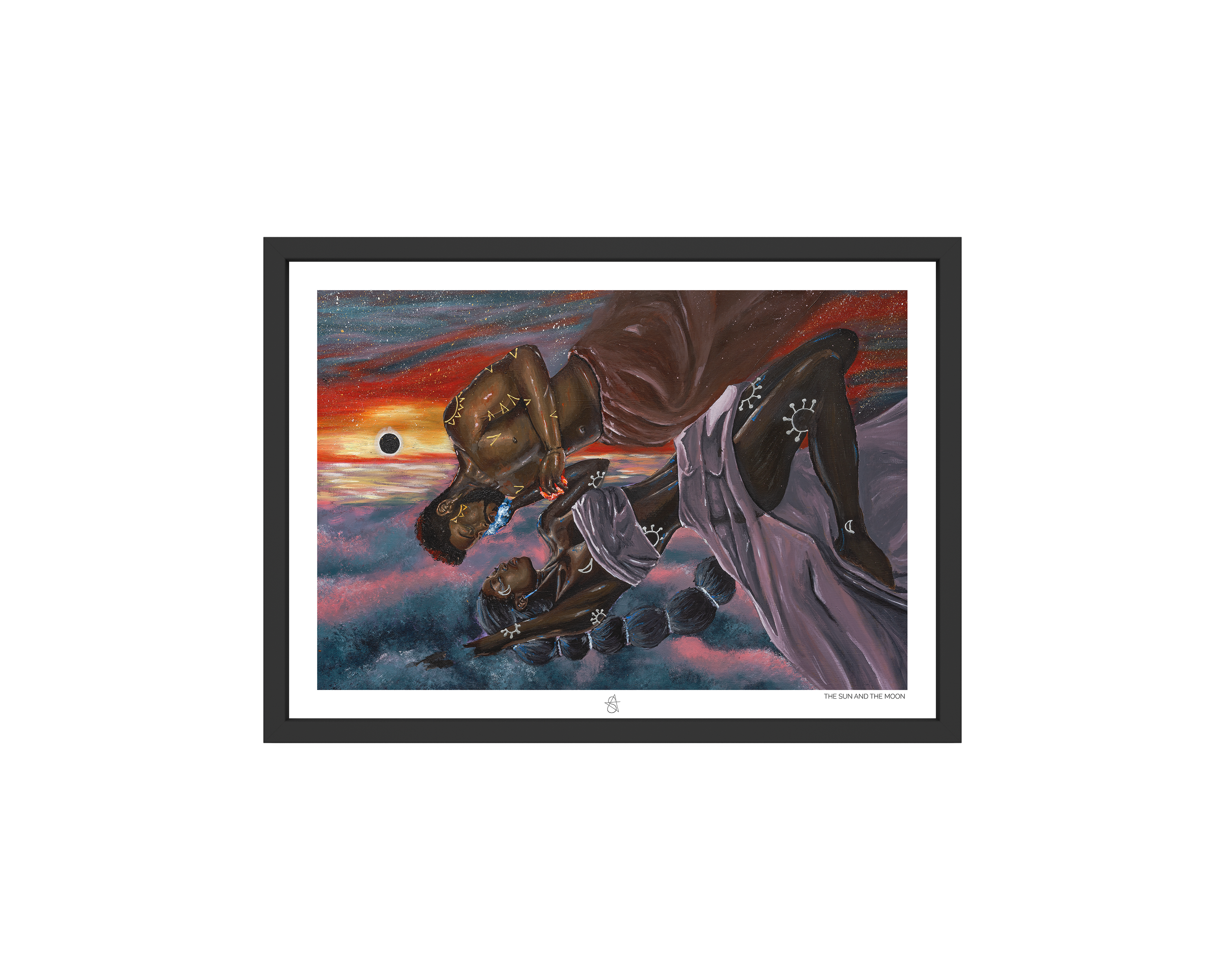 The Sun and The Moon Art Print on high-quality matte or velvet paper, framed in gallery black, white, or natural maple, depicting the Krachi folktale about how the Sun and the Moon fell in love