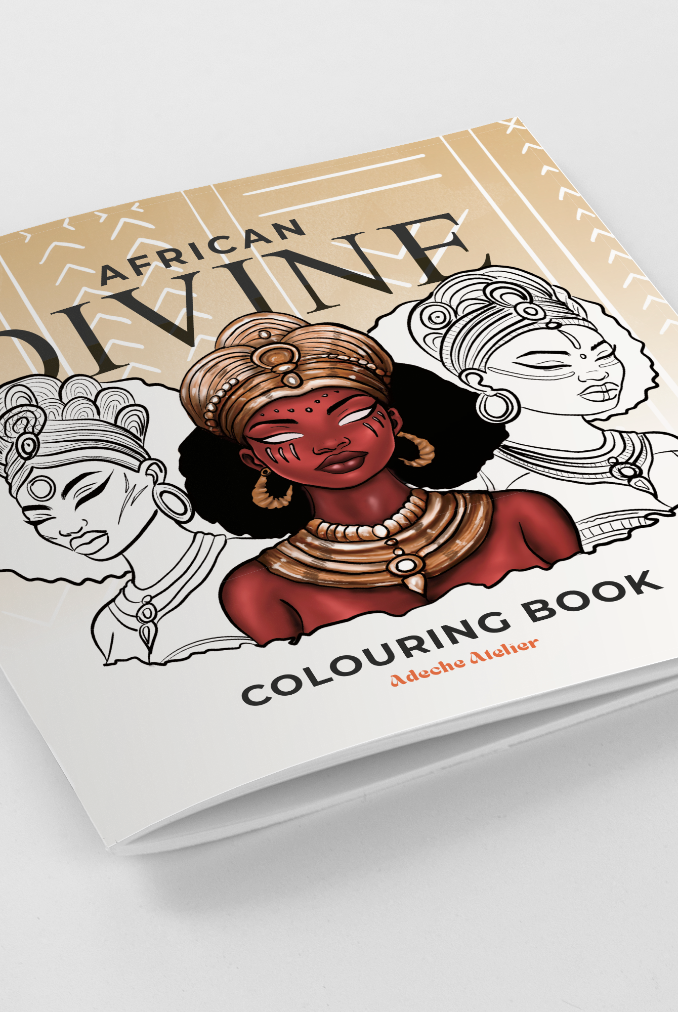Cover of African Divine Colouring Book, featuring illustrations of female African deities, perfect for those interested in African culture and mythology.