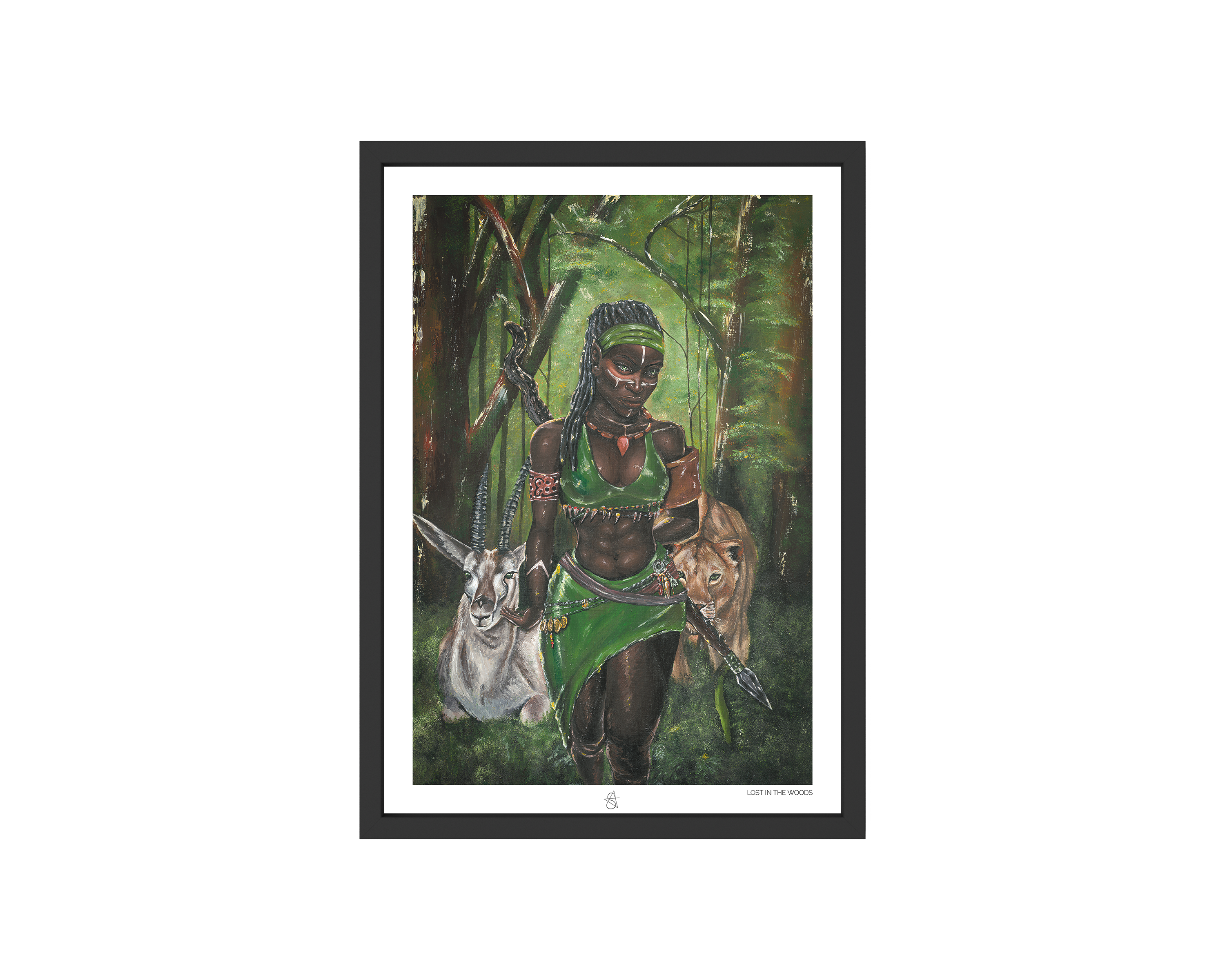 Ajá Art Print on high-quality matte or velvet paper, framed in gallery black, white, or natural maple, depicting Yoruba Orisa who is the soul of the forest and the animals within it.