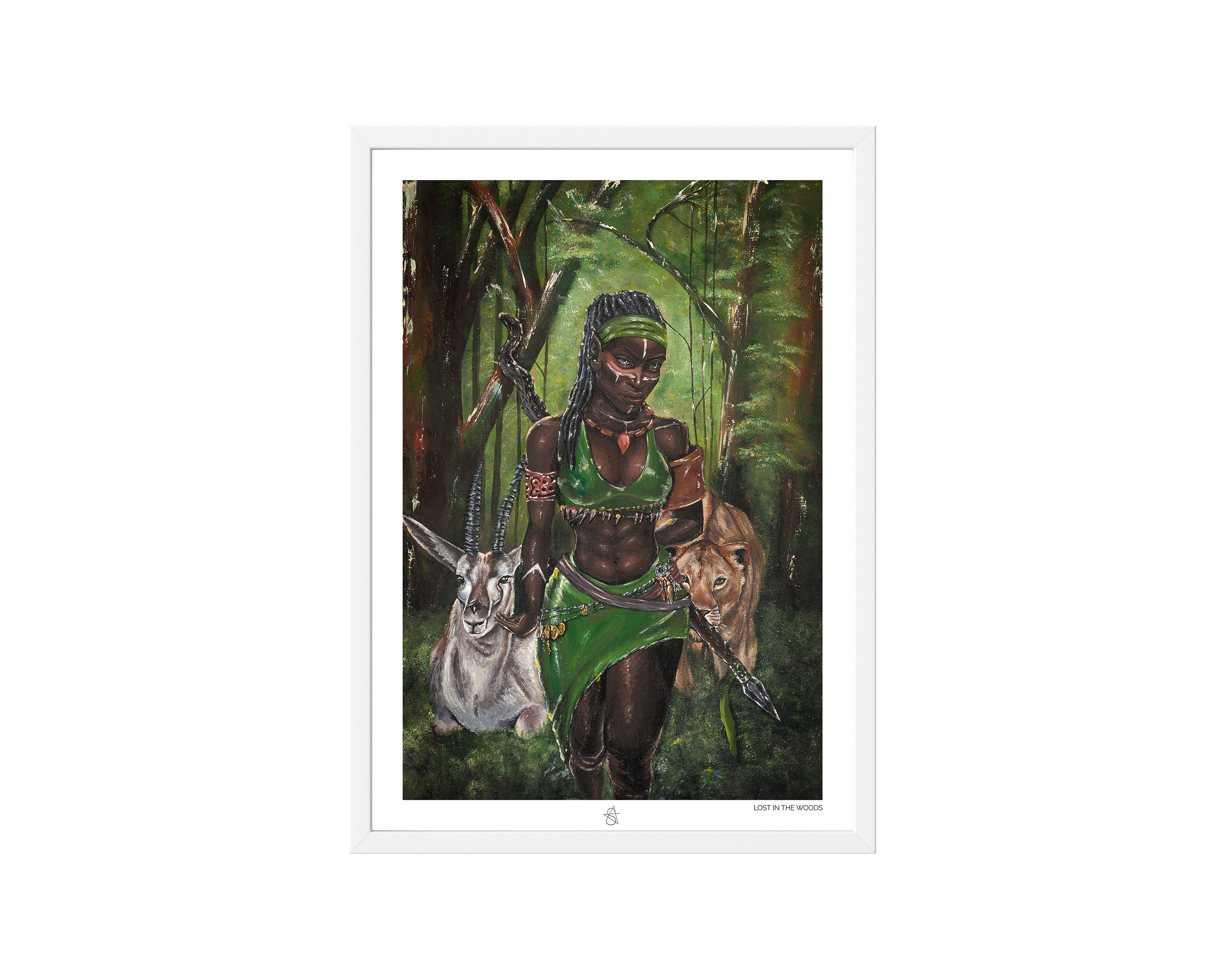 Ajá Art Print on high-quality matte or velvet paper, framed in gallery black, white, or natural maple, depicting Yoruba Orisa who is the soul of the forest and the animals within it.