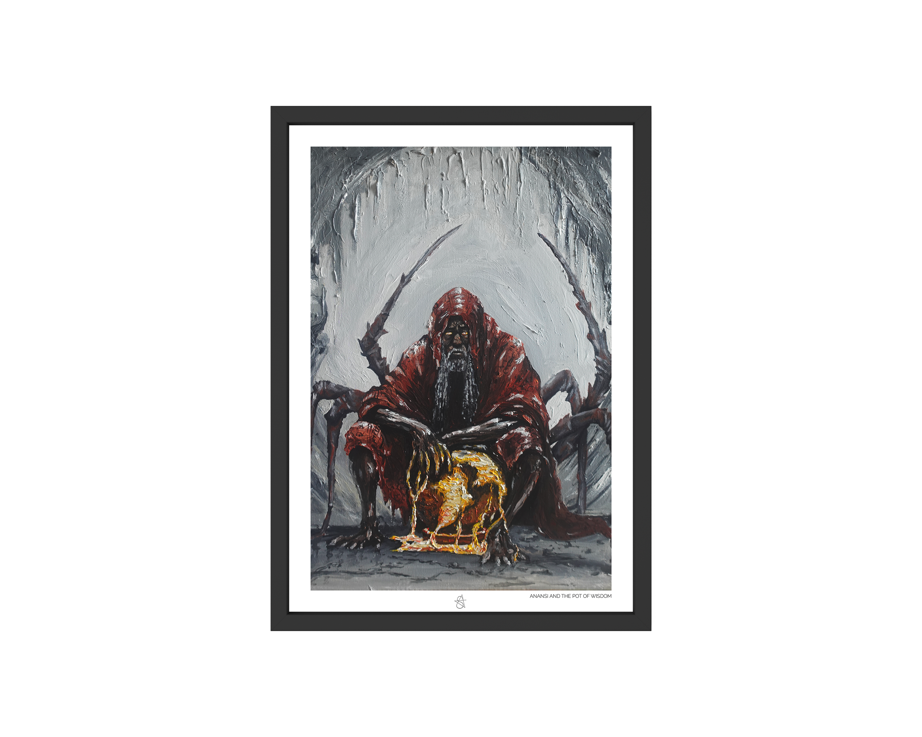 Anansi Art Print on high-quality matte or velvet paper, framed in gallery black, white, or natural maple, depicting the Akan folktale of Anansi the spider about how wisdom came to the world.