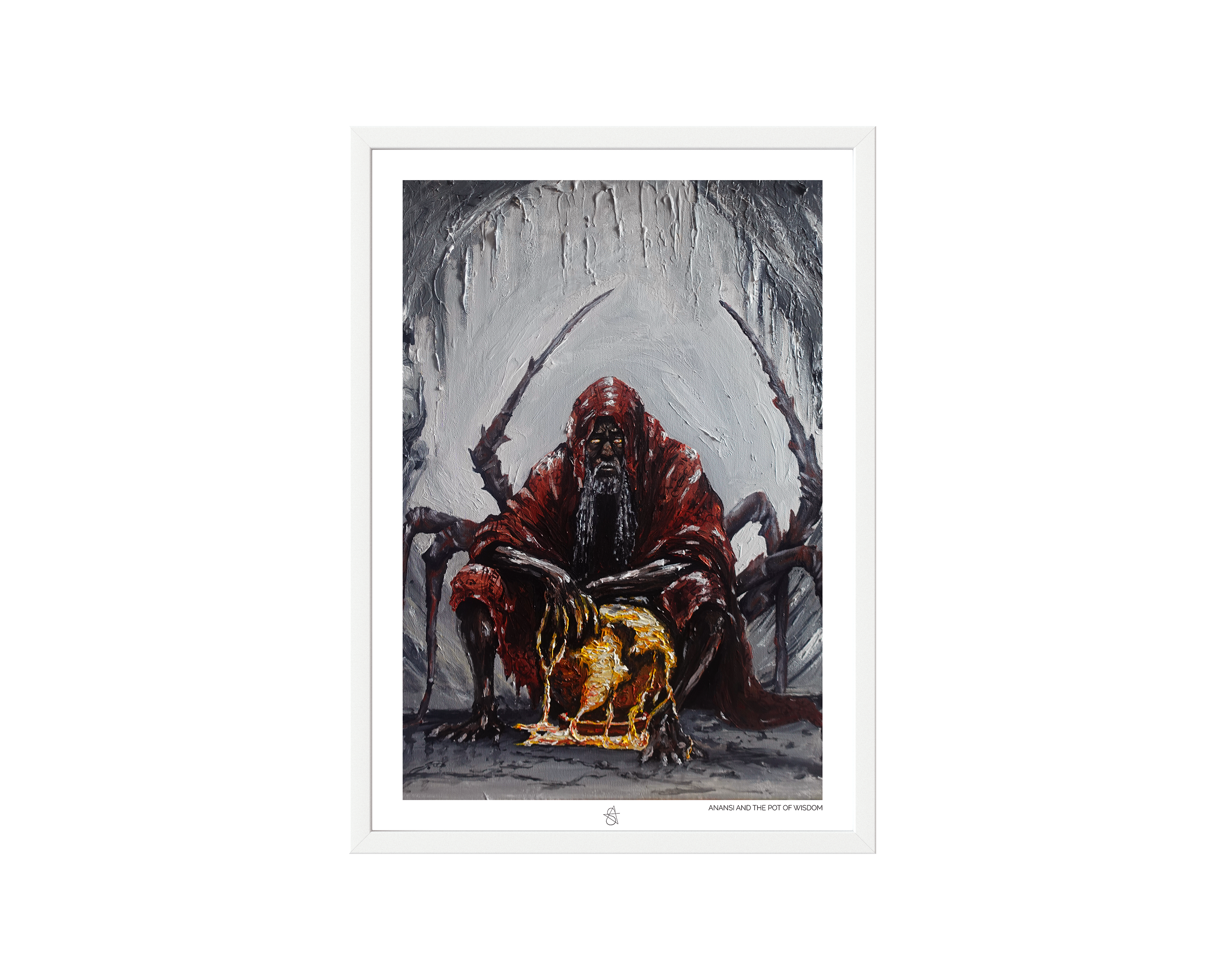 Anansi Art Print on high-quality matte or velvet paper, framed in gallery black, white, or natural maple, depicting the Akan folktale of Anansi the spider about how wisdom came to the world.