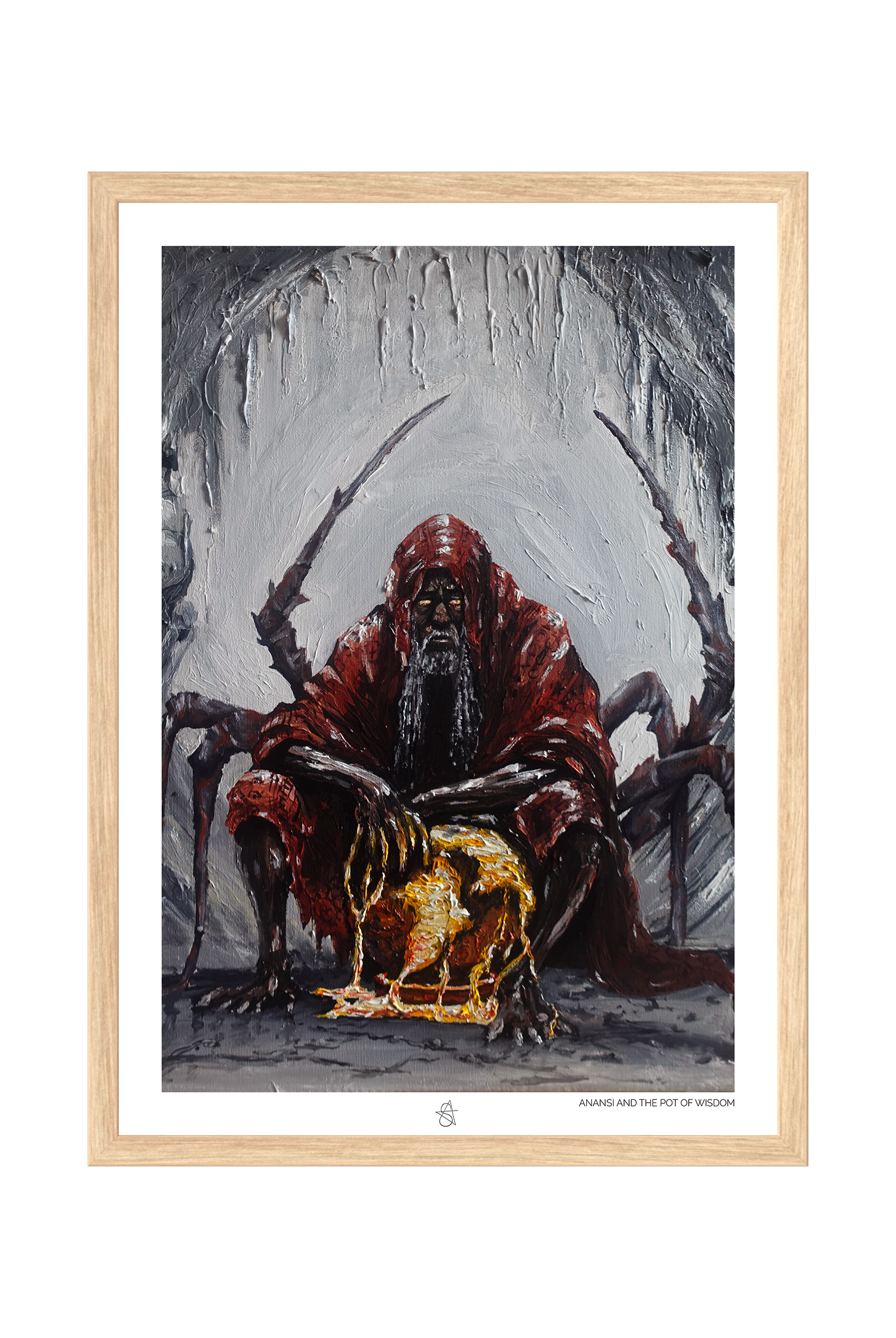 Anansi Art Print on high-quality matte or velvet paper, framed in gallery black, white, or natural maple, depicting the Akan folktale of Anansi the spider about how wisdom came to the world.