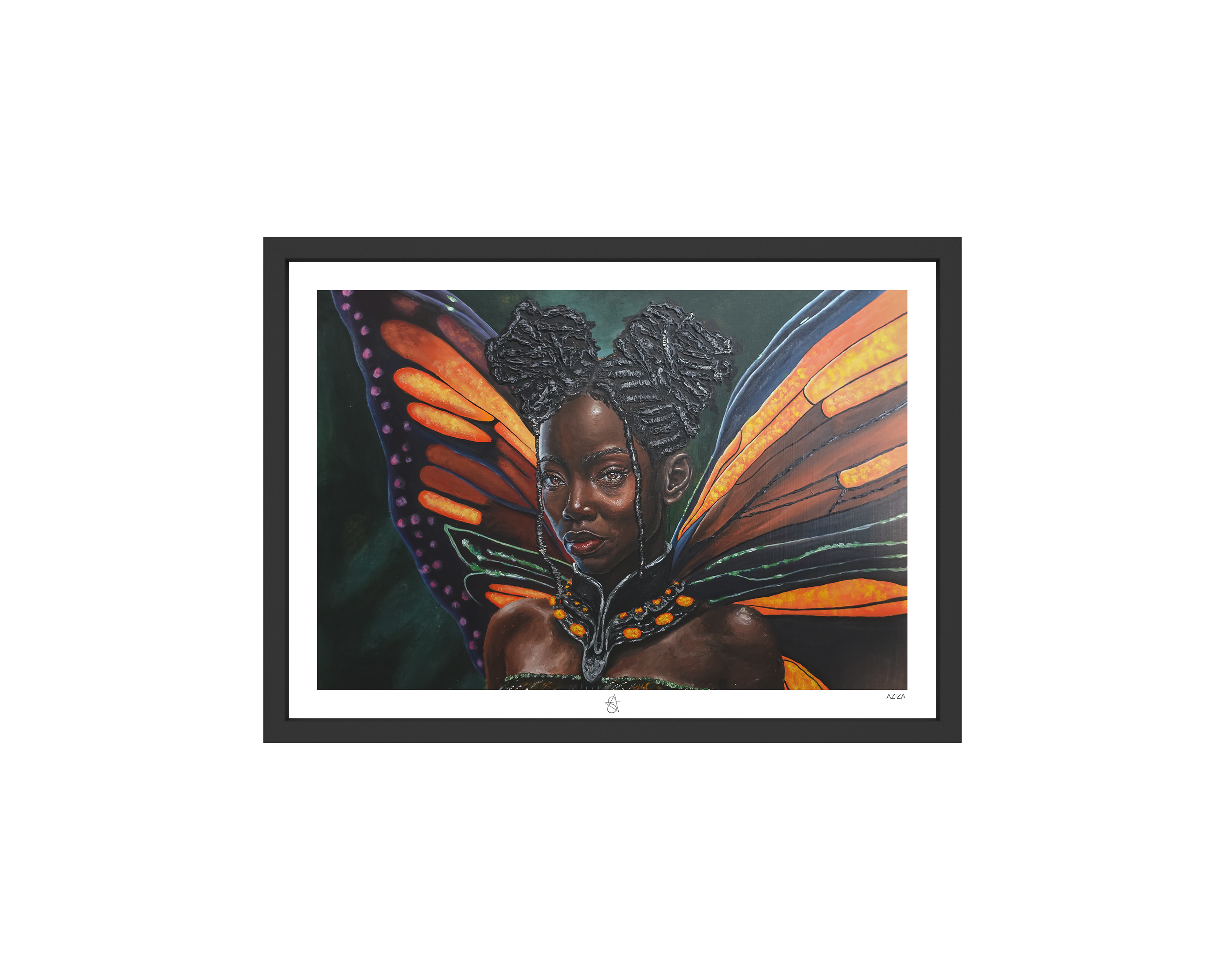 Aziza Art Print on high-quality matte or velvet paper, framed in gallery black, white, or natural maple, depicting Dahomey African Black Fairies who have butterfly wings.