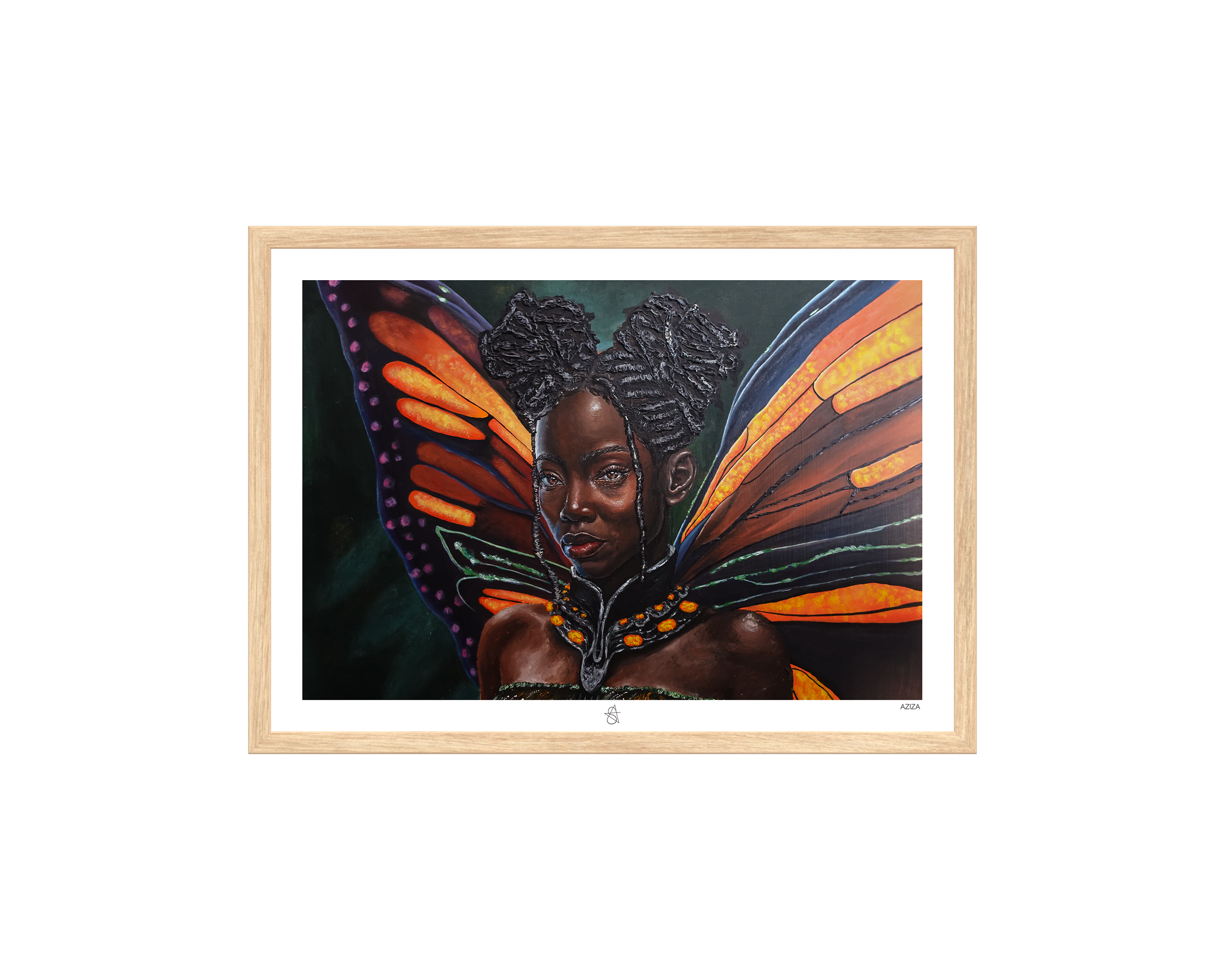 Aziza Art Print on high-quality matte or velvet paper, framed in gallery black, white, or natural maple, depicting Dahomey African Black Fairies who have butterfly wings.
