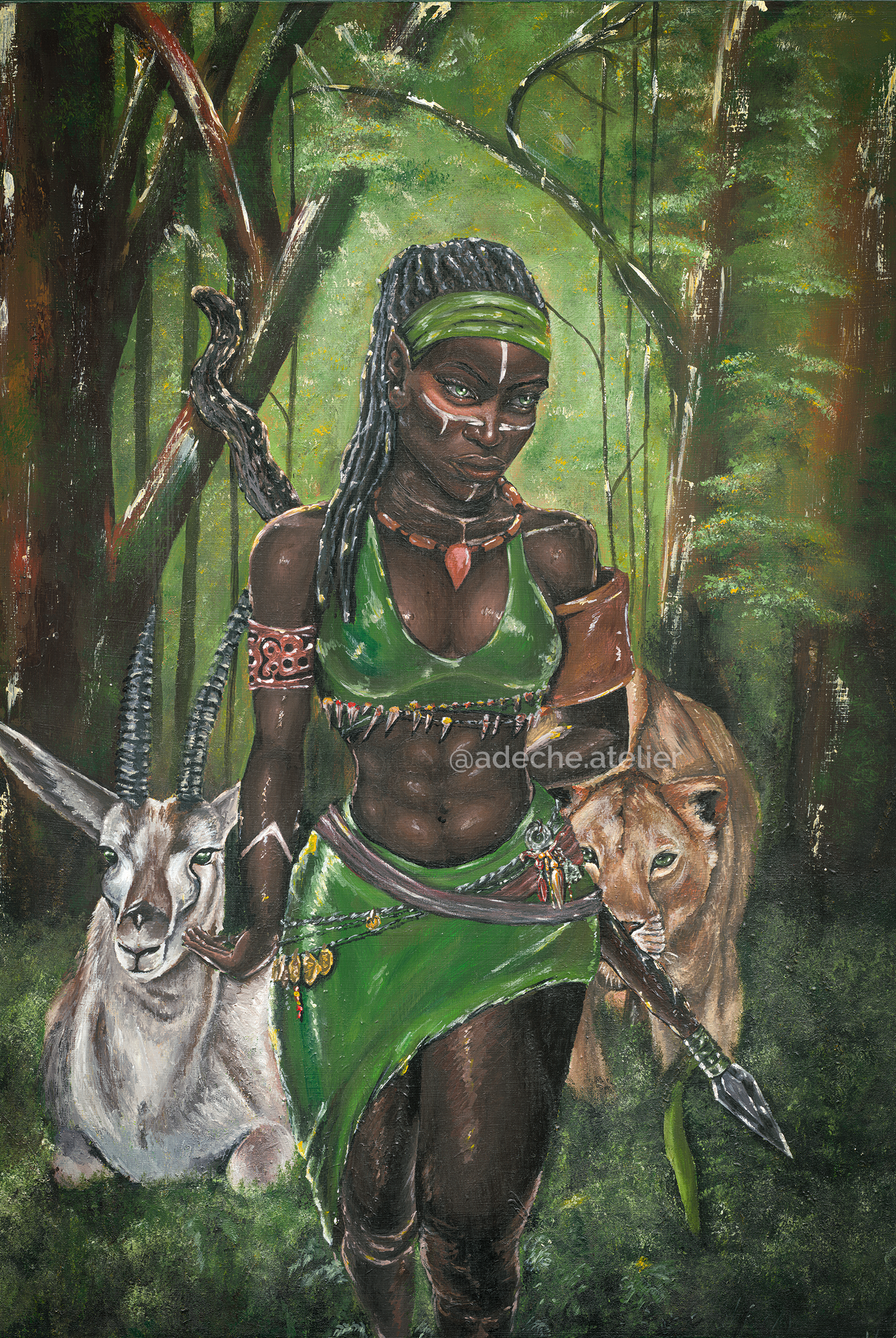 Ajá Art Print on high-quality matte or velvet paper, framed in gallery black, white, or natural maple, depicting Yoruba Orisa who is the soul of the forest and the animals within it.