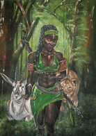 Ajá Art Print on high-quality matte or velvet paper, framed in gallery black, white, or natural maple, depicting Yoruba Orisa who is the soul of the forest and the animals within it.