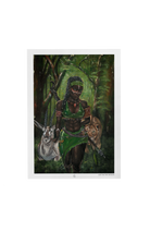 Ajá Art Print on high-quality matte or velvet paper, framed in gallery black, white, or natural maple, depicting Yoruba Orisa who is the soul of the forest and the animals within it.