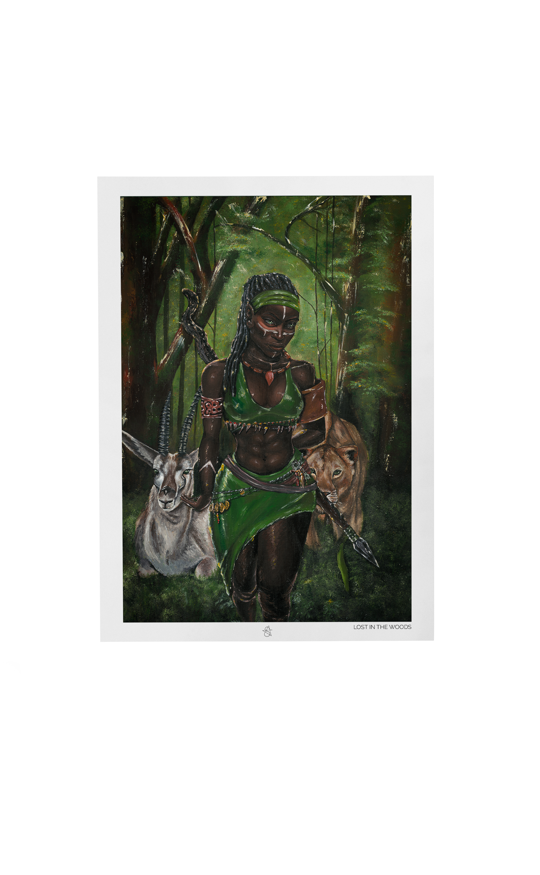 Ajá Art Print on high-quality matte or velvet paper, framed in gallery black, white, or natural maple, depicting Yoruba Orisa who is the soul of the forest and the animals within it.