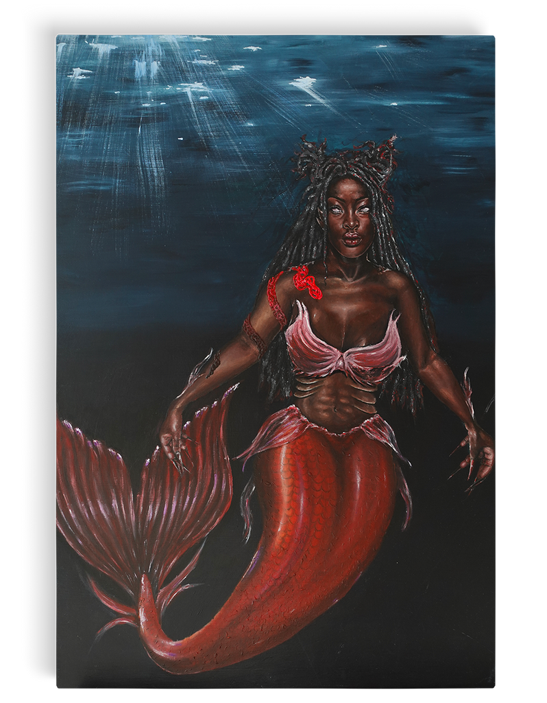 Original painting Allure of The Black Mermaid - Mami Wata on paulownia wood panel, showcasing the African mermaid deity Mami Wata in vibrant detail.