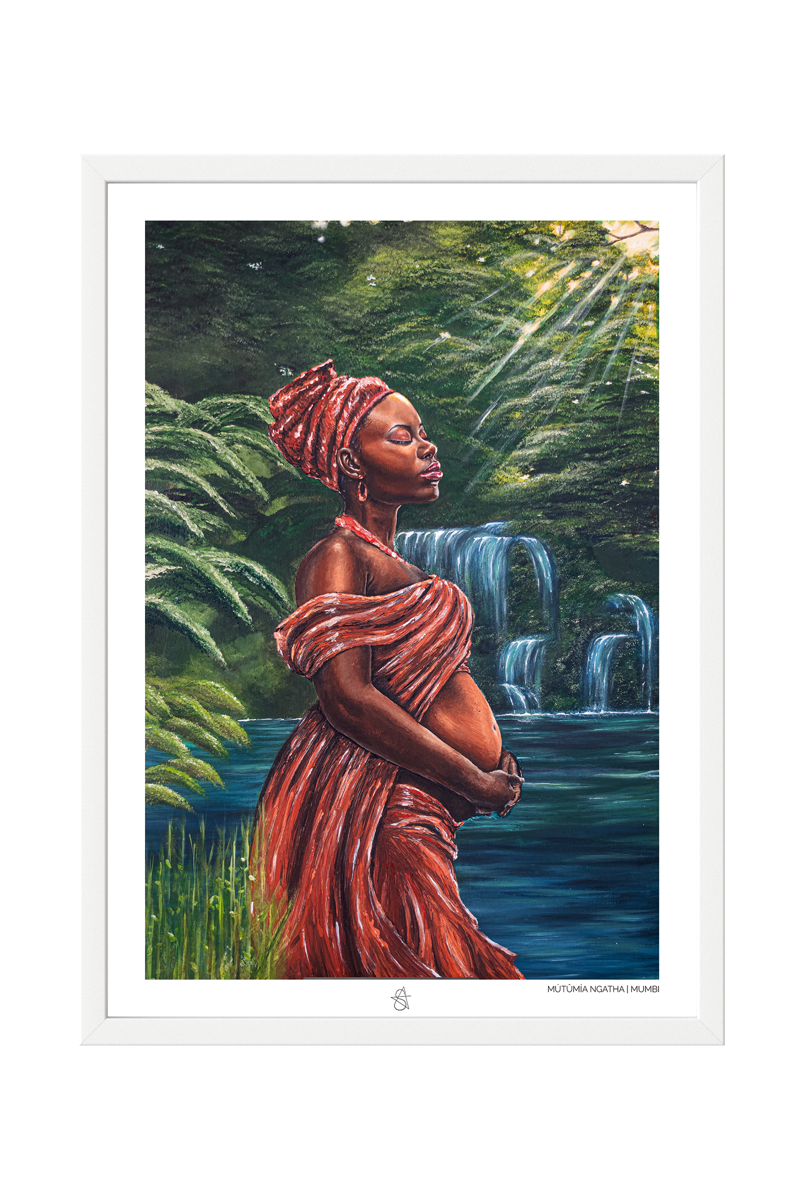 Mumbi Art Print on high-quality matte or velvet paper, framed in gallery black, white, or natural maple, depicting Kikuyu creator goddess Mũmbi with detailed traditional Kikuyu motifs.