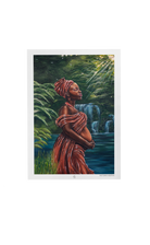 Mumbi Art Print on high-quality matte or velvet paper, framed in gallery black, white, or natural maple, depicting Kikuyu creator goddess Mũmbi with detailed traditional Kikuyu motifs.