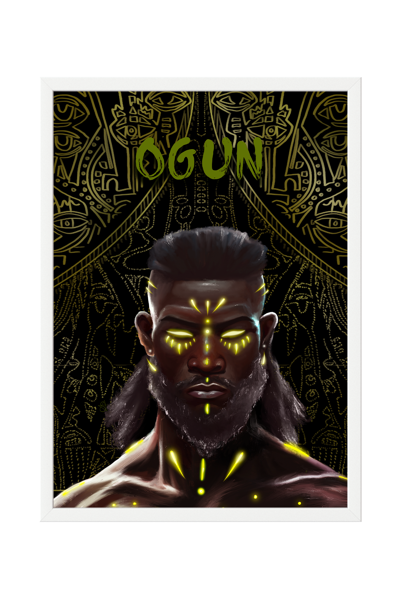 Ogun Holographic Art Print on high-quality matte or velvet paper, framed in gallery black, white, or natural maple, depicting Yoruba Orisa of war and iron.
