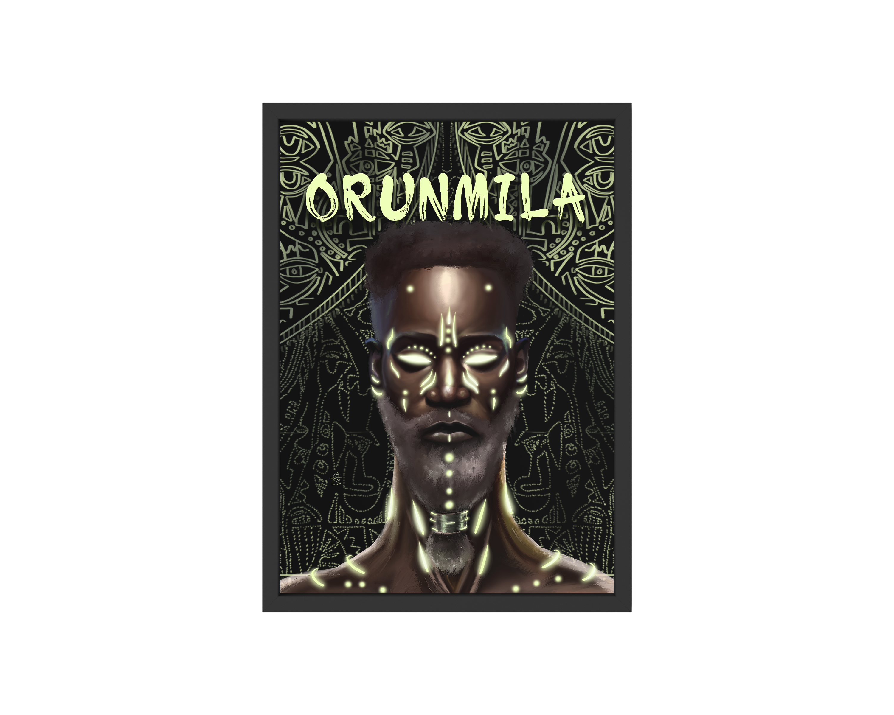 Orunmila Holographic Art Print on high-quality matte or velvet paper, framed in gallery black, white, or natural maple, depicting Yoruba Orisa who is a master diviner and healer.