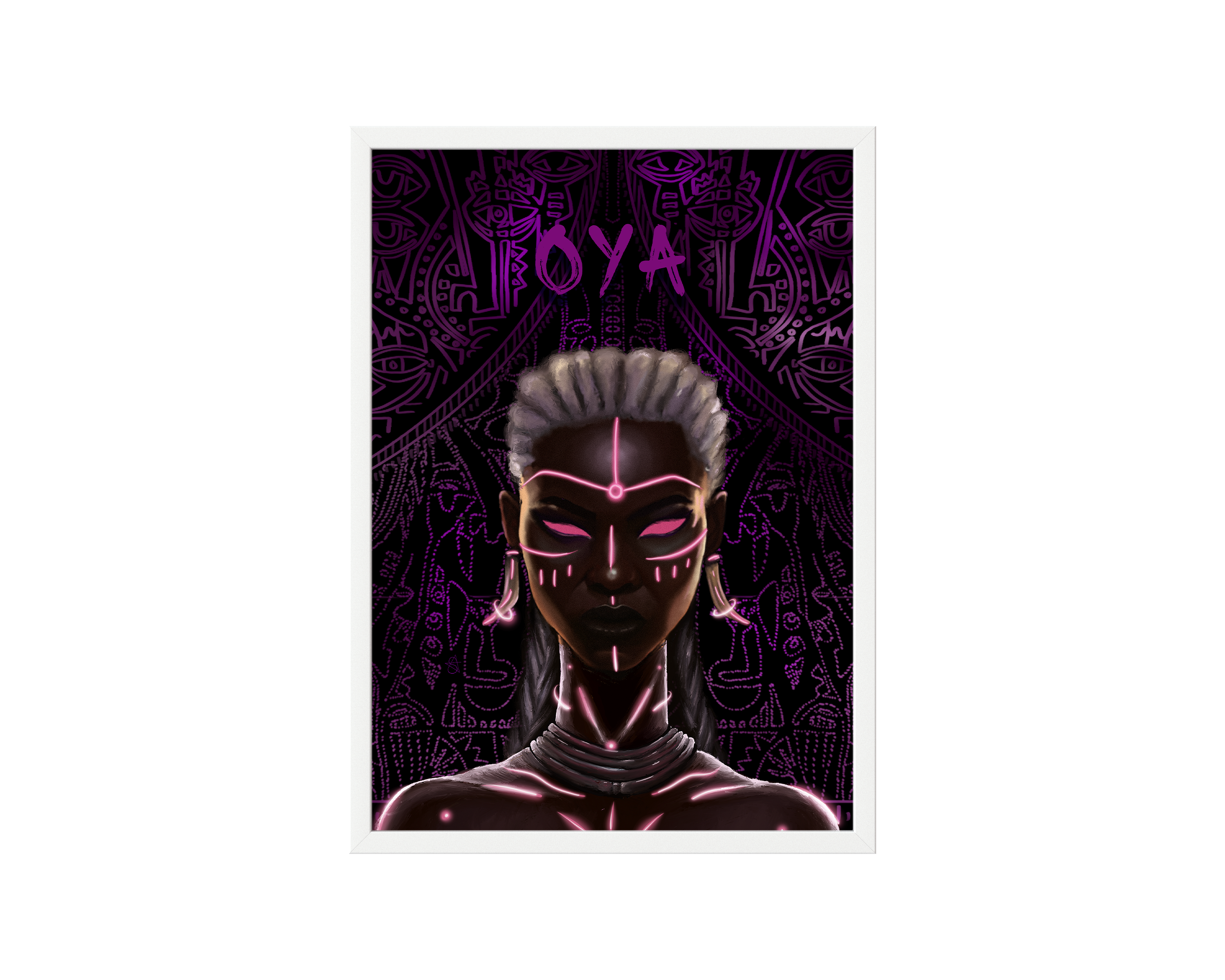 Oya Holographic Art Print on high-quality matte or velvet paper, framed in gallery black, white, or natural maple, depicting Yoruba Orisa of storms and wind.