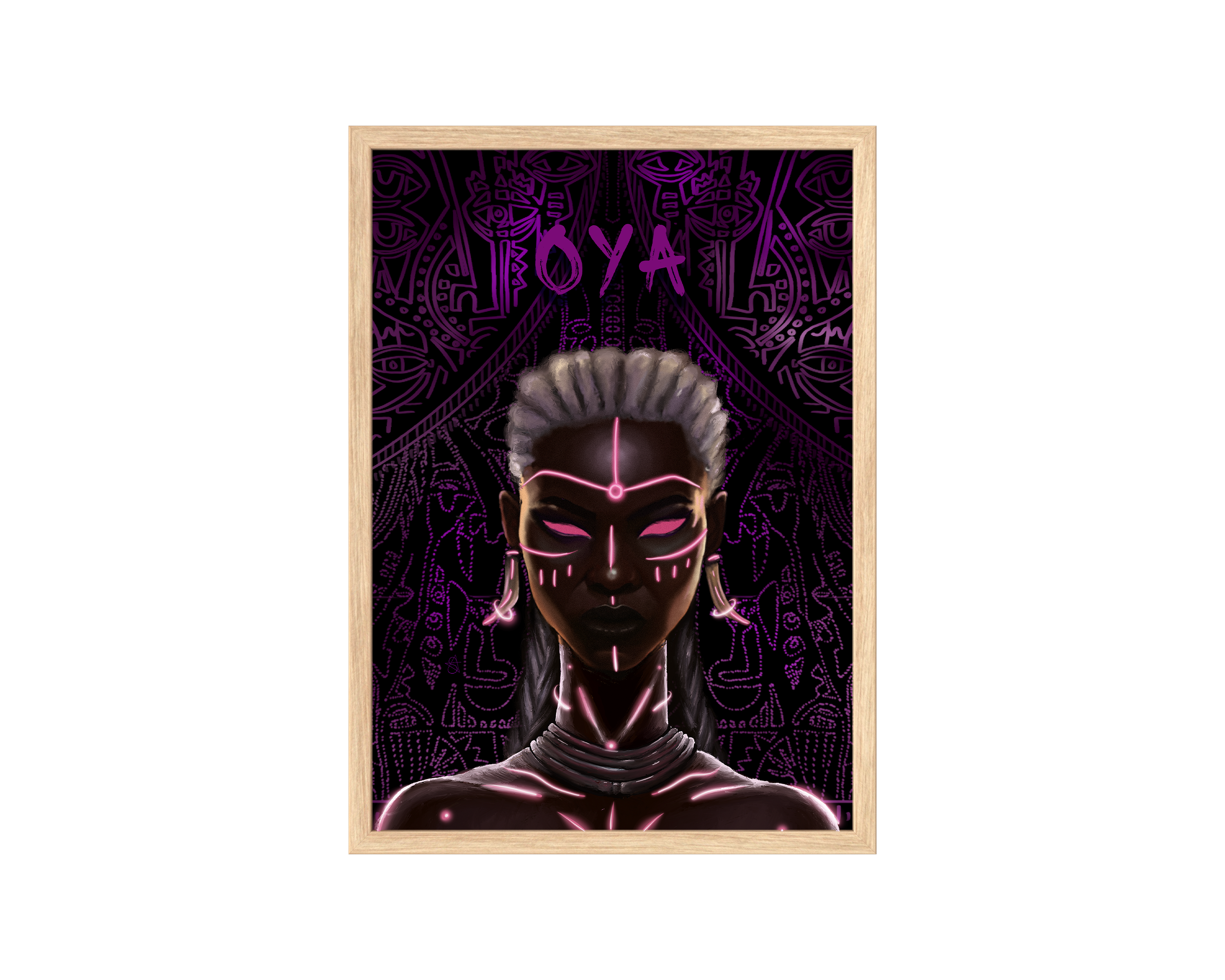 Oya Holographic Art Print on high-quality matte or velvet paper, framed in gallery black, white, or natural maple, depicting Yoruba Orisa of storms and wind.