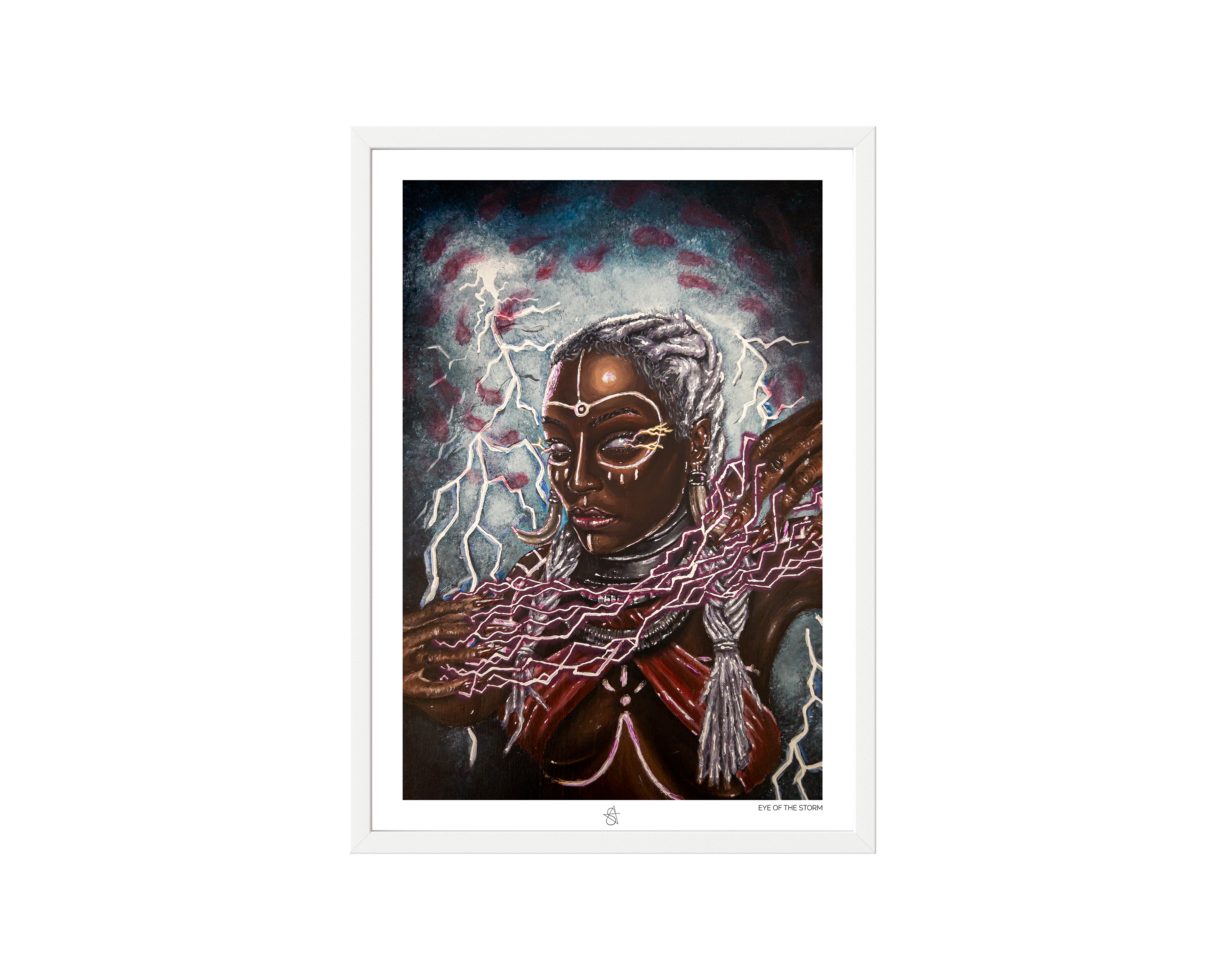 Ọya Art Print on high-quality matte or velvet paper, framed in gallery black, white, or natural maple, depicting Yoruba Orisa of storms and wind.