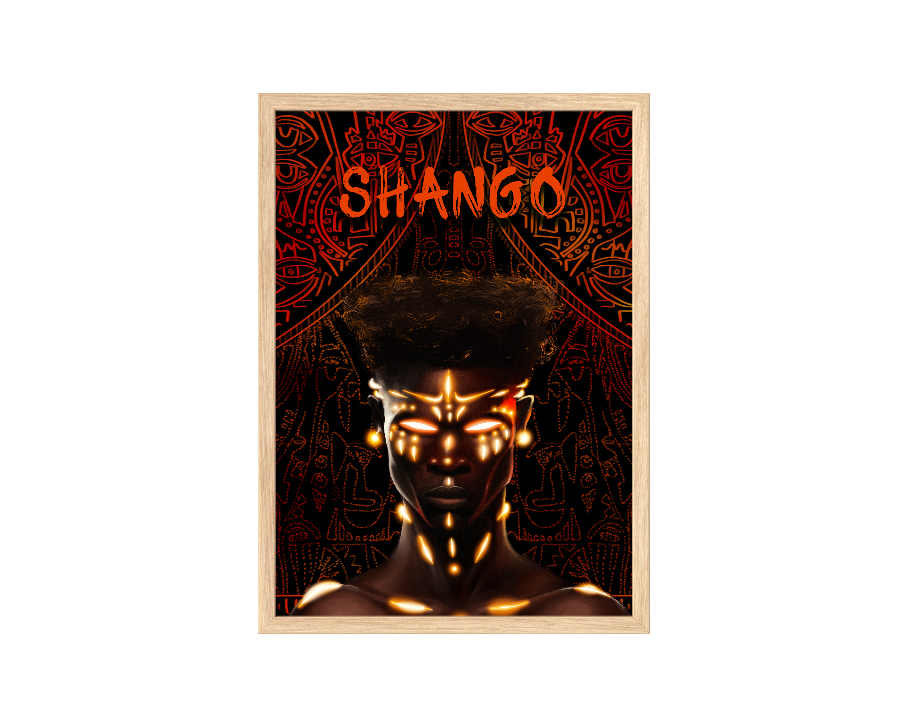 Sango Holographic Art Print on high-quality matte or velvet paper, framed in gallery black, white, or natural maple, depicting Yoruba Orisa of thunder and lightning.