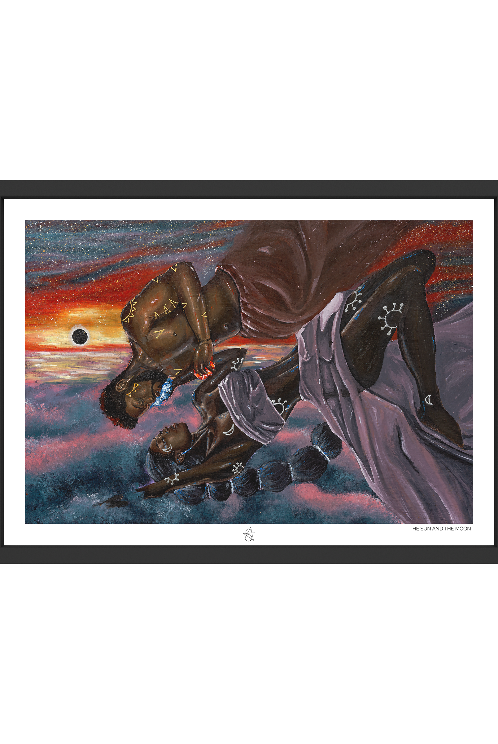 The Sun and The Moon Art Print on high-quality matte or velvet paper, framed in gallery black, white, or natural maple, depicting the Krachi folktale about how the Sun and the Moon fell in love