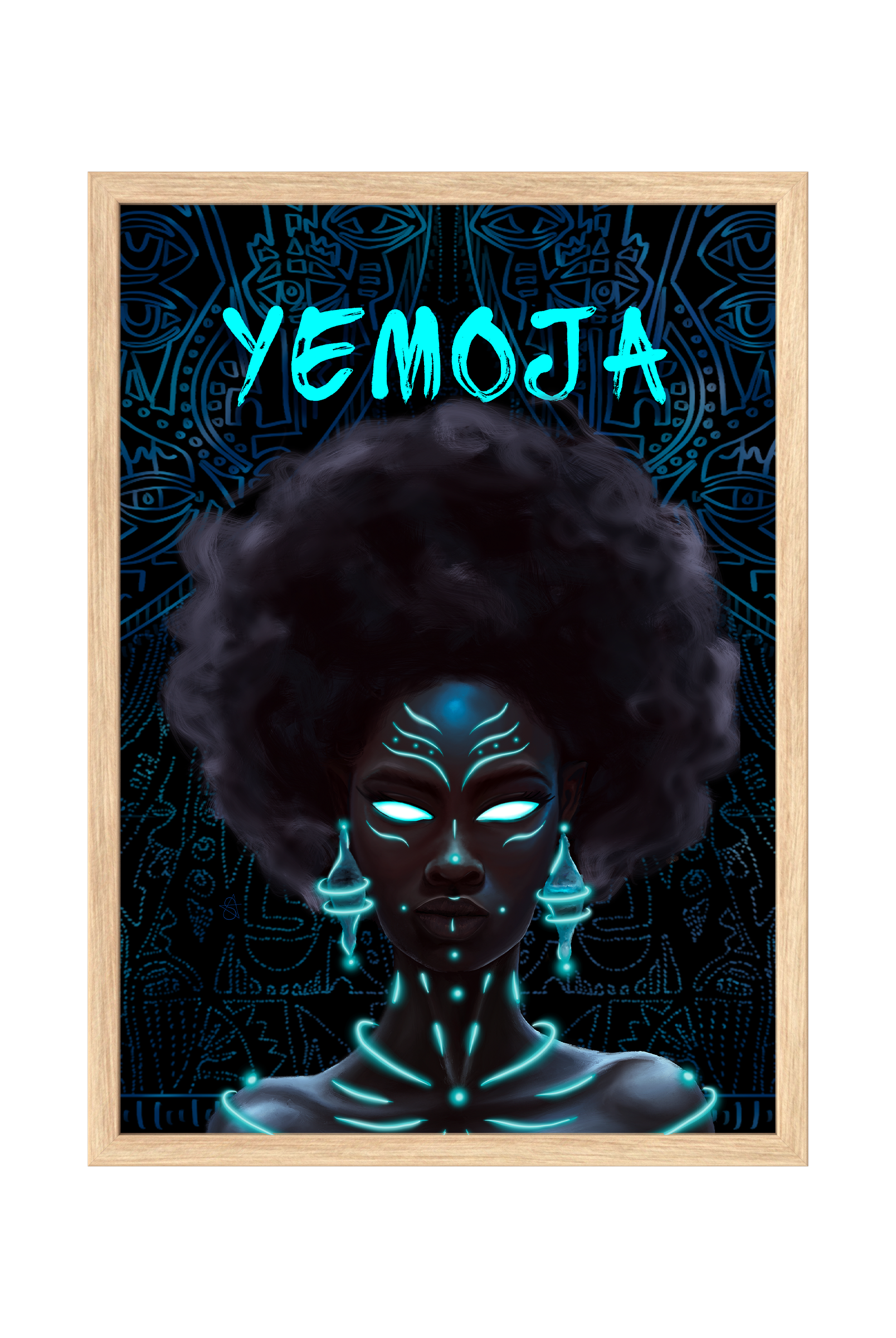 Yemoja Holographic Art Print on high-quality matte or velvet paper, framed in gallery black, white, or natural maple, depicting Yoruba mother of all Orisas