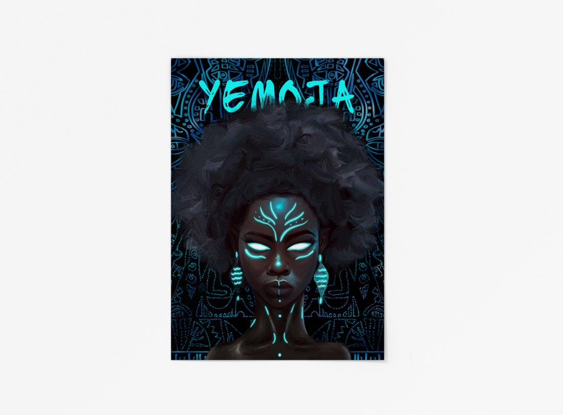 Yemoja Holographic Art Print on high-quality matte or velvet paper, framed in gallery black, white, or natural maple, depicting Yoruba mother of all Orisas
