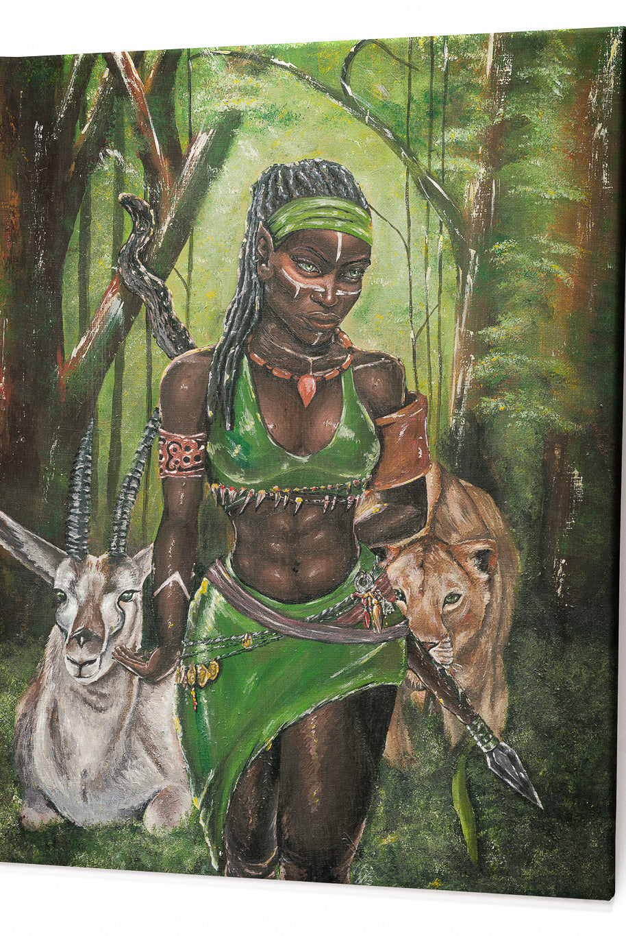 Ajá Canvas Print on a durable, high-gloss canvas, depicting Yoruba Orisa who is the soul of the forest and the animals within it.