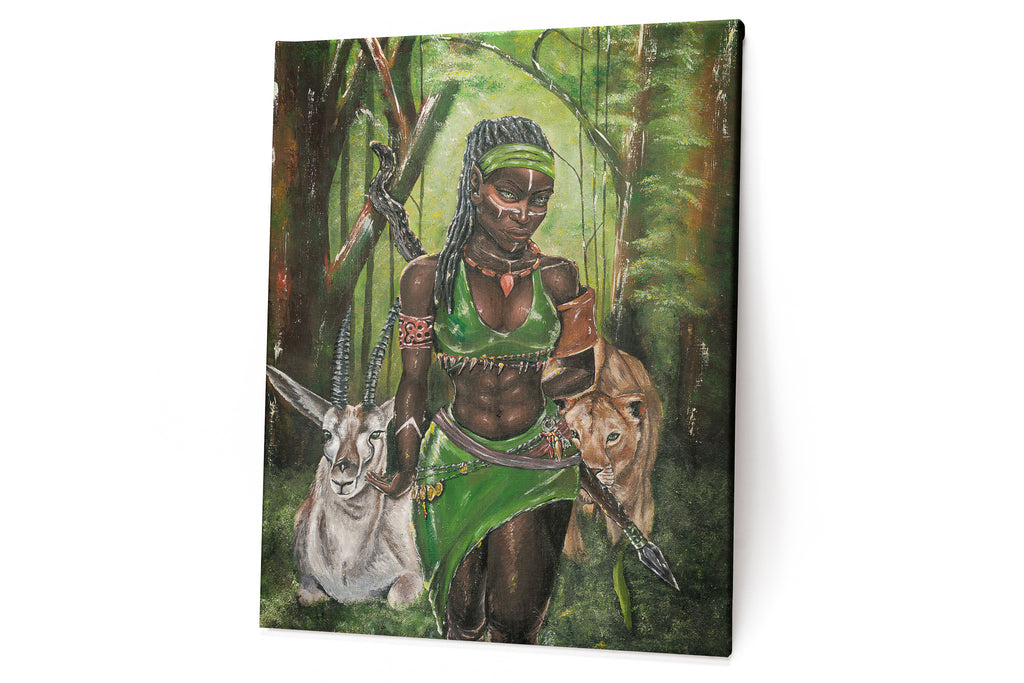 Ajá Canvas Print on a durable, high-gloss canvas, depicting Yoruba Orisa who is the soul of the forest and the animals within it.